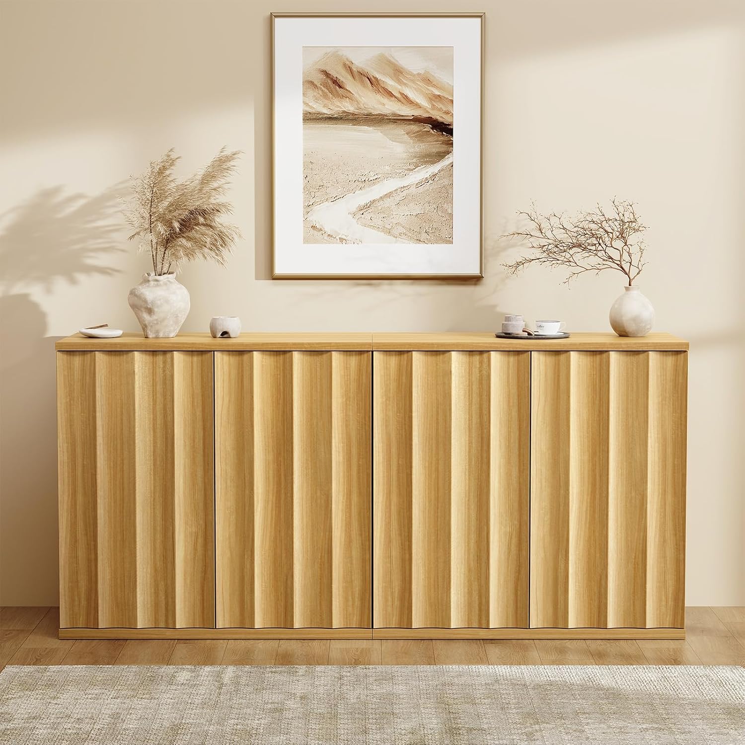 Fluted Sideboard Cabinet with Storage, 31.5" Coffee Bar Cabinet, Modern Kitchen Buffet Cabinets with Doors, Entryway Cabinets for Living Room, Kitchen, Coffee Bar, Natural