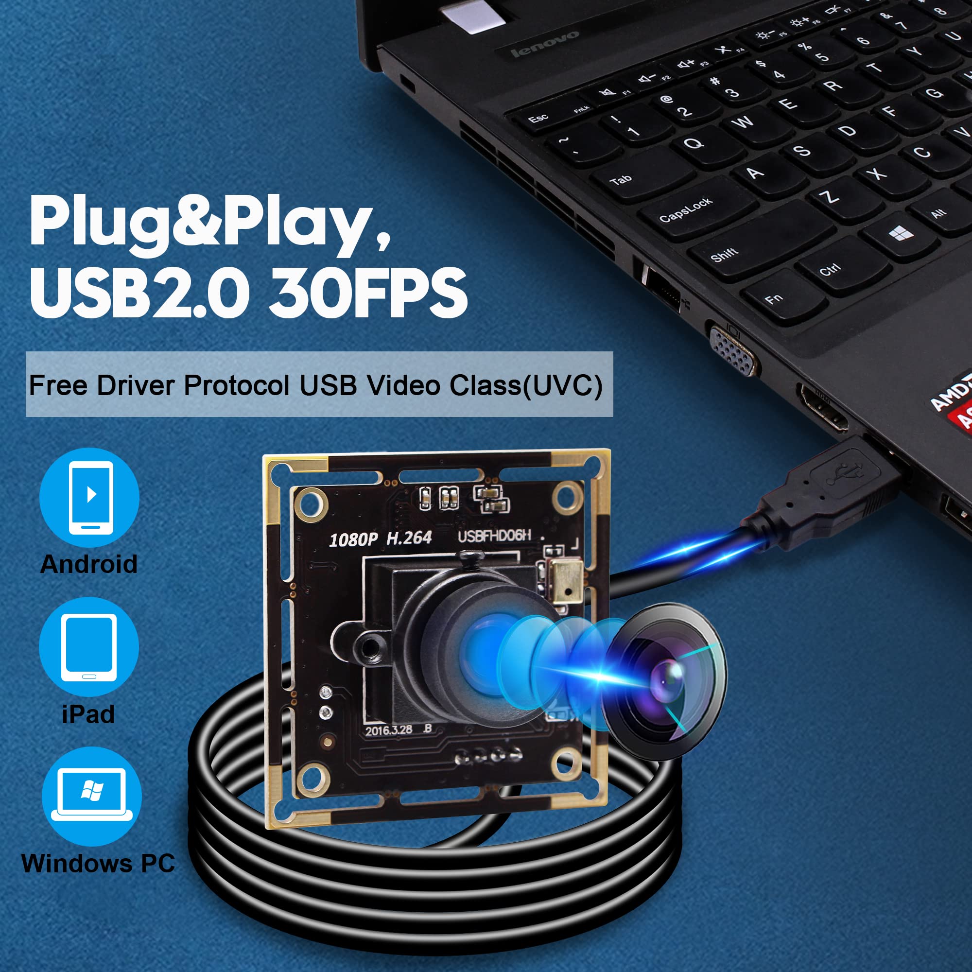 Módulo de cámara USB 1080P con lente de 100 grados sin distorsión, cámara USB pequeña de 2 MP con sensor IMX323, mini cámara web de video UVC con micrófono, compatible con Windows, Linux, Mac
