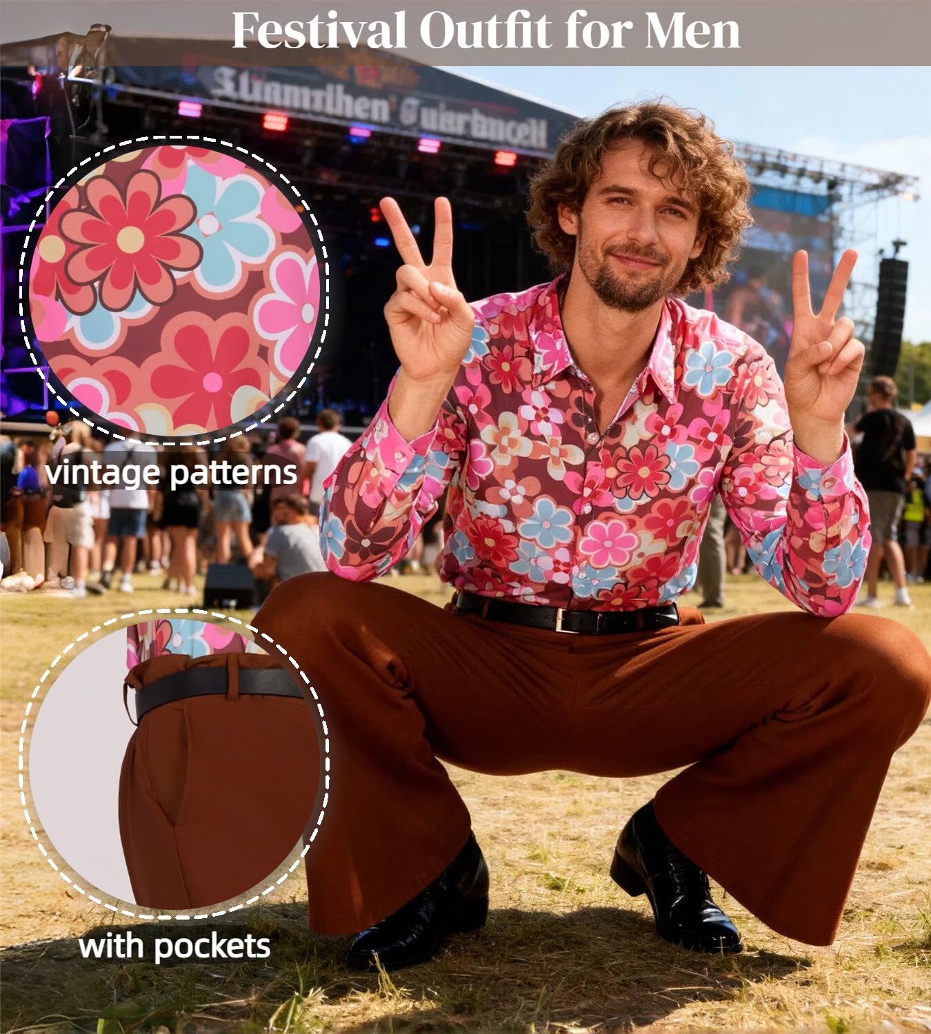 70er Jahre Disco Kostüm Set Hippie Herren Outfit mit Schlaghose Hemd 80s Fasching Bekeidung für 50s 60s 70s Cosplay Halloween Party