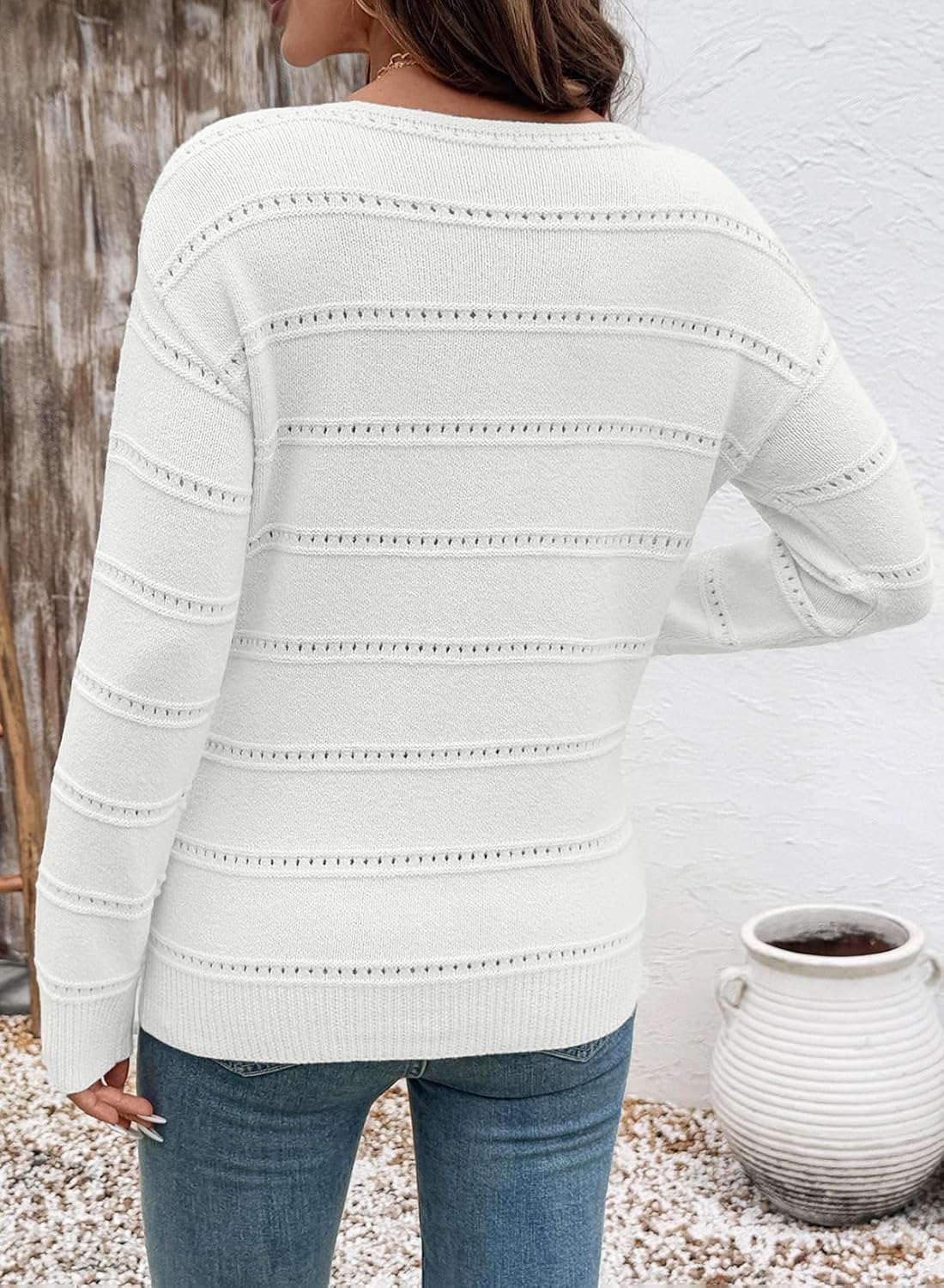 SHEWIN Women's Sweaters Crew Neck Crochet Sweater Lightweight Knit Long Sleeve Tops Shirts Loose Fit Spring 2026 - Image 3