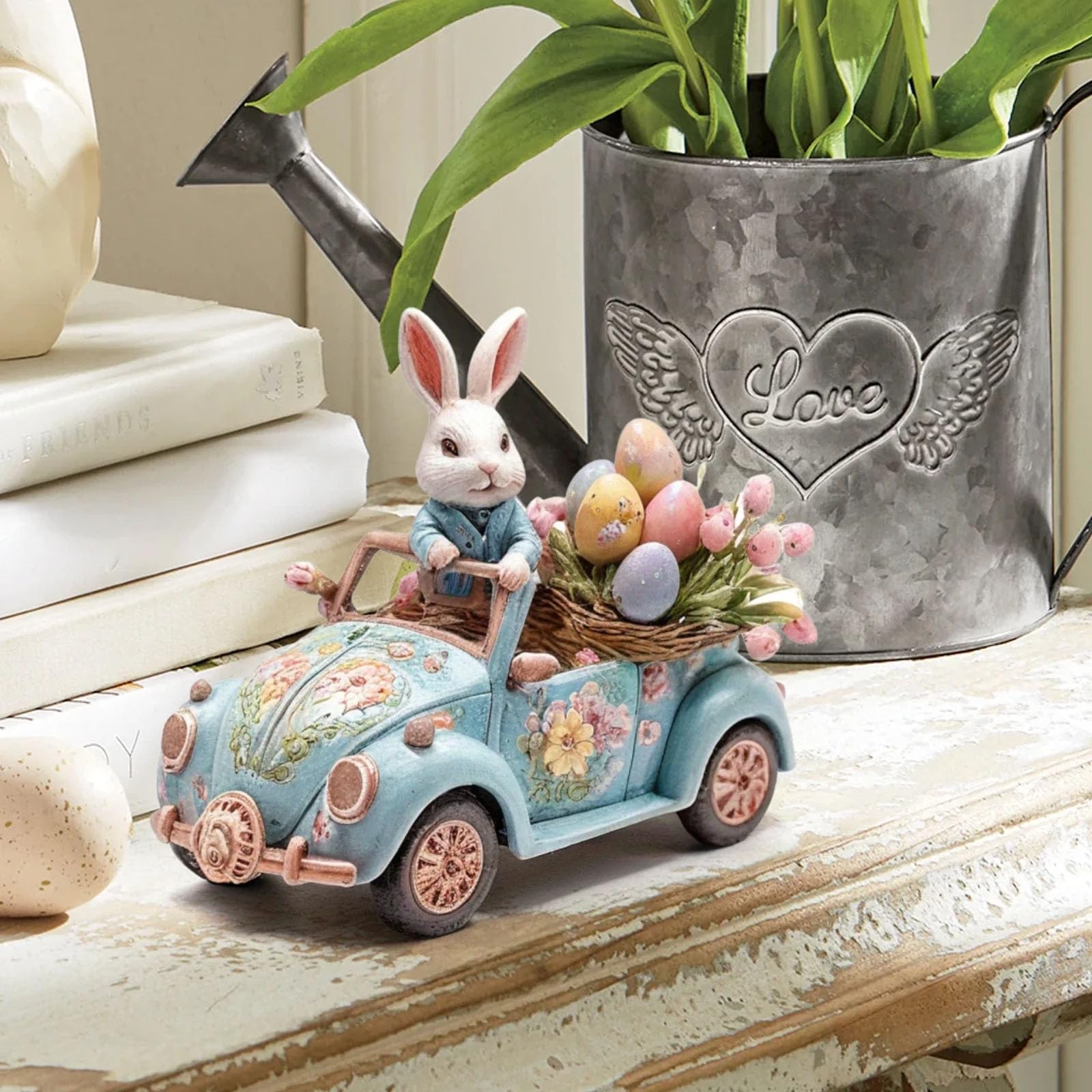 2D Easter Bunny Driving Car Figurine, Acrylic Tabletop Decoration with Floral Design, Blue Vintage Car with White Rabbit and Egg Basket, Spring Holiday Home Decor 021 (#C687) — view 2