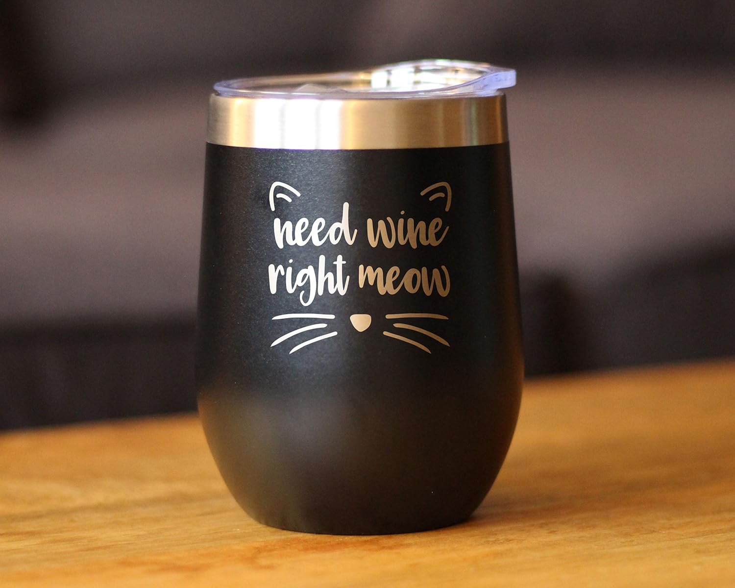 Need Wine Right Meow - Cat Wine Tumbler Glass with Sliding Lid - Stemless Stainless Steel Insulated Cup - Funny Cute Gifts - Black
