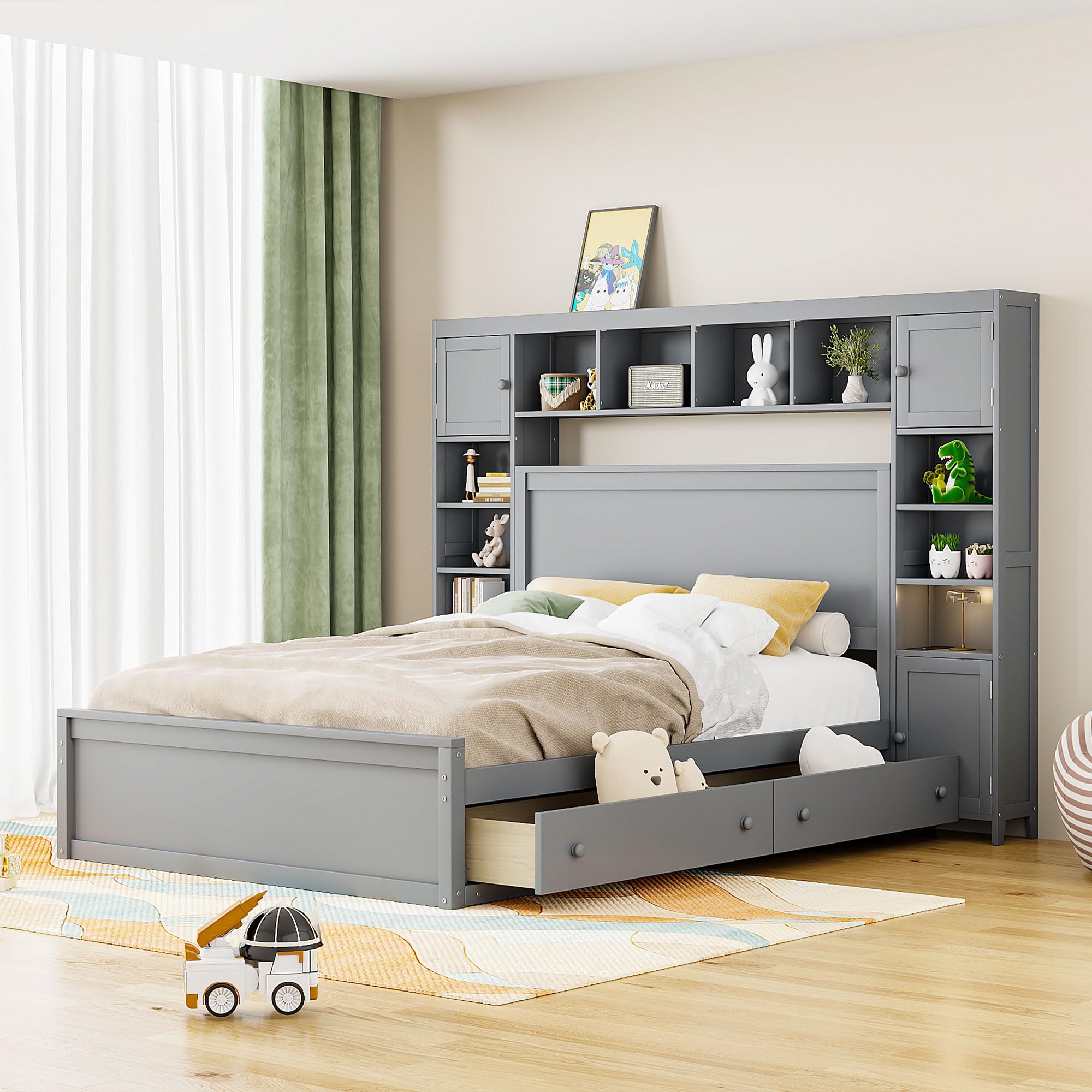 Queen Size Storage Bed with Bookcase Headboard, Queen Platform Bed with 4 Storage Drawers, Solid Wood Queen Bed Frame with Cabinet and Shelf, No Box Spring Needed (Gray)