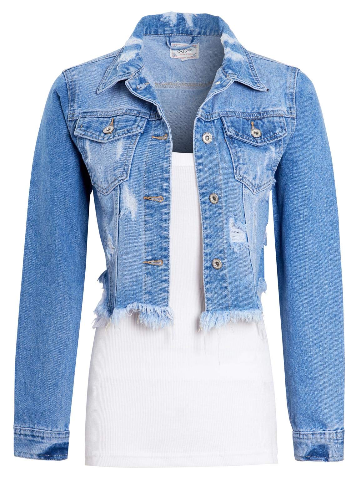Ss7 Women's Denim Blue Distressed Short Length Denim Jacket