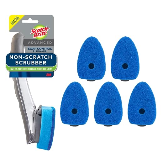 Scotch-Brite Advanced Soap Control Non-Scratch Dishwand Kit, 1 Dish Wand & 5 Sponge Refills, Prevents Soap from Leaking, Leak-Free Guarantee, Best for Nonstick Pots and Pans, Glass, Tubs, & Showers