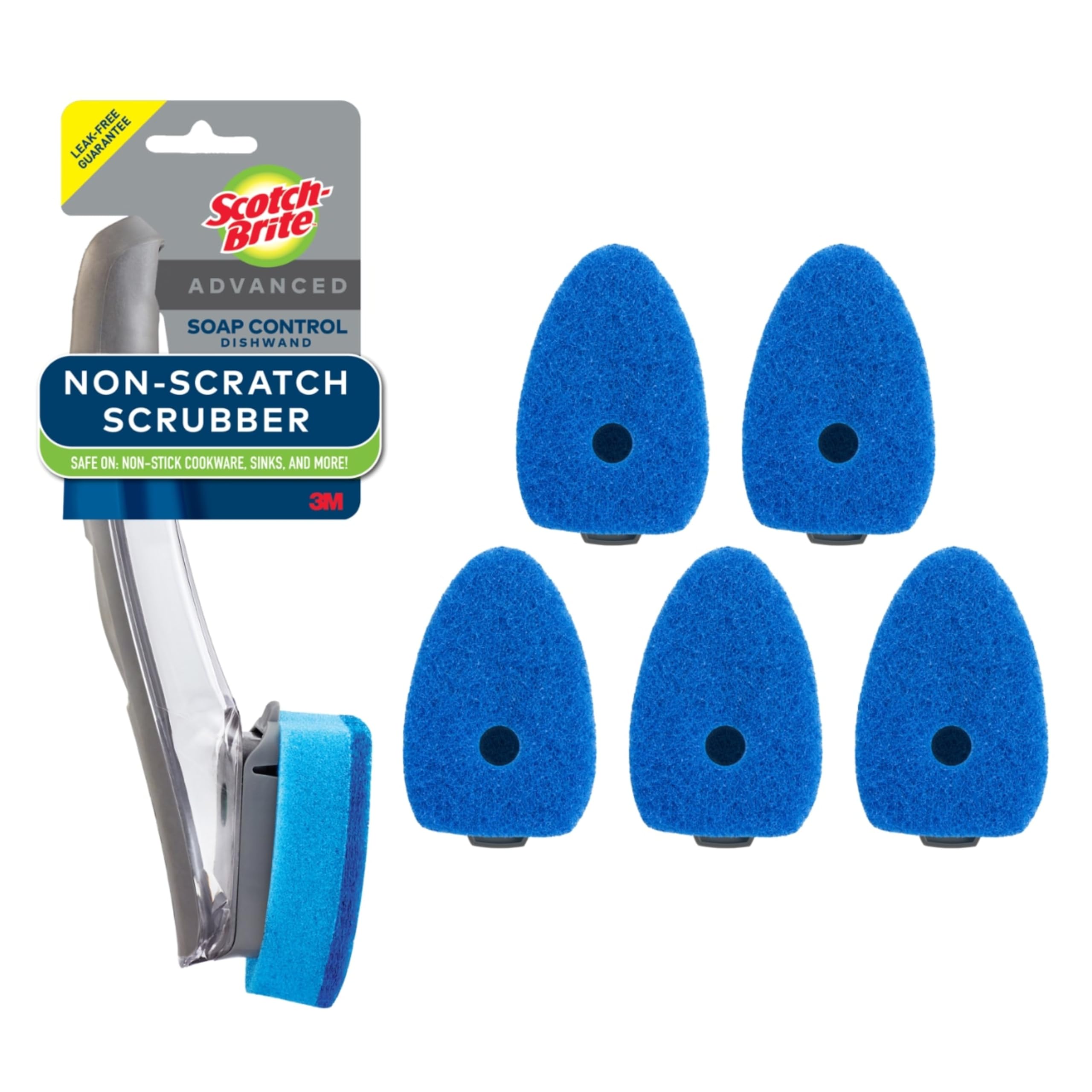 Scotch-Brite Advanced Soap Control Non-Scratch Dishwand Kit, 1 Dish Wand &amp; 5 Sponge Refills, Prevents Soap from Leaking, Leak-Free Guarantee, Best for Nonstick Pots and Pans, Glass, Tubs, &amp; Showers