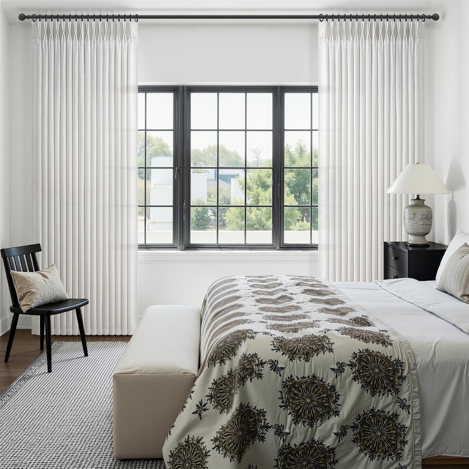 Pinch Pleated Linen Sheer Curtains 96 Inches Long for Living Room 2 Panels Set, Off Beige White Memory Shape Pleat Farmhouse Bedroom Window Drapes Light Filtering Privacy with Hooks & Rings 8FT Length