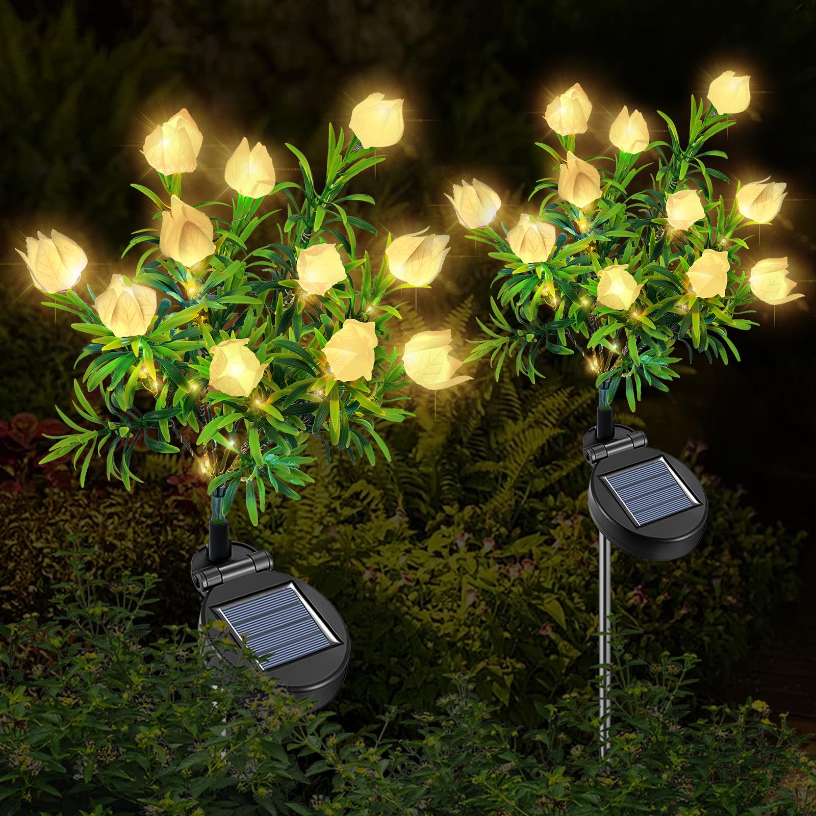 Luces Solares Jardín Exterior, 2 Piezas Luz Solar de Flores Gardenia LED, Lámparas Solares Decorativa IP65 Impermeable, Decoración para Patio, Césped, Boda, Fiestas, Navidad (Blanca Cálida)