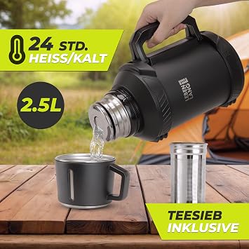 LEBENLANG Thermosflasche 25 Liter - 24h Heiß & Inkl. Becher & Teesieb Trinkflasche Thermobecher 2 5 Liter Thermoskanne I Tragegurt I Getränkeflasche Edelstahl Termoflaschen Isolierflasche Thermo