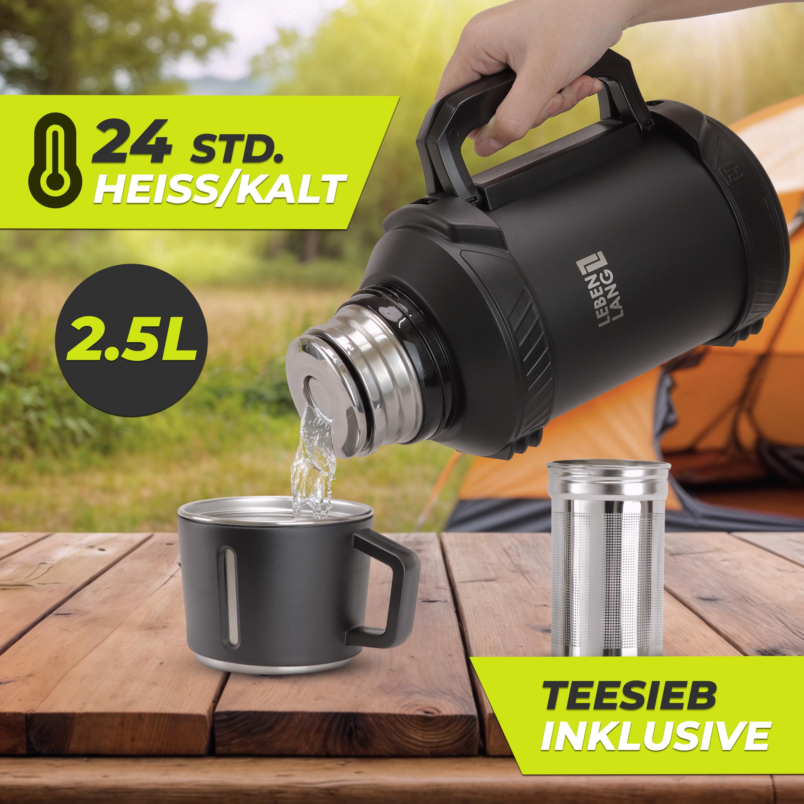 LEBENLANG Thermosflasche 2,5 Liter - 24h Heiß & Inkl. Becher & Teesieb | Trinkflasche Thermobecher 2 5 Liter Thermoskanne I Tragegurt I Getränkeflasche Edelstahl Termoflaschen Isolierflasche Thermo