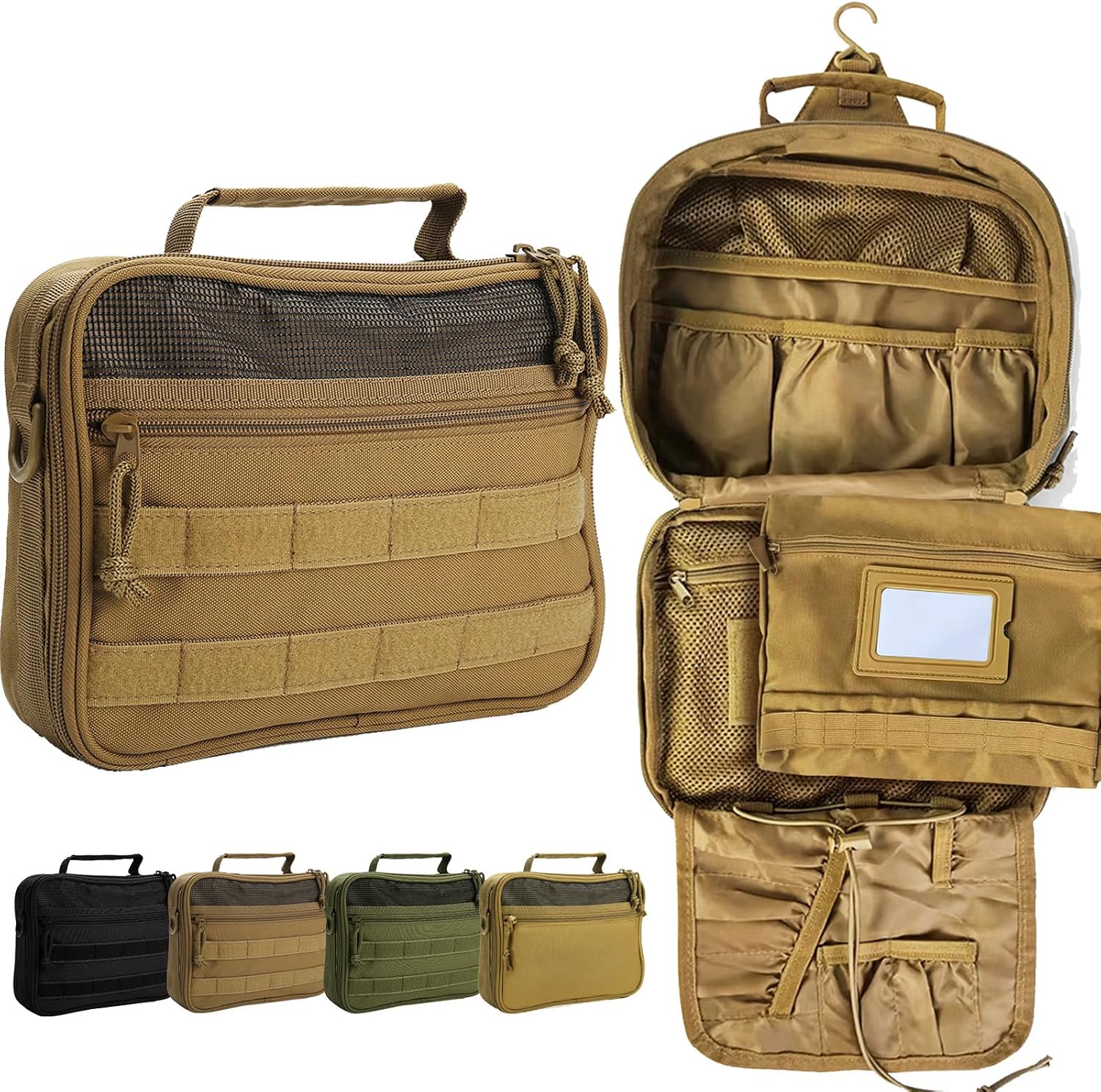 Tactical Hanging Toiletry Bag for Men，Mens Dopp Kit Khaki | Mens Travel Toiletry Bag，Water-Resistant Durable for Bathroom Camping Short Trips，Keeps Shaving Hygiene Toiletries Organized