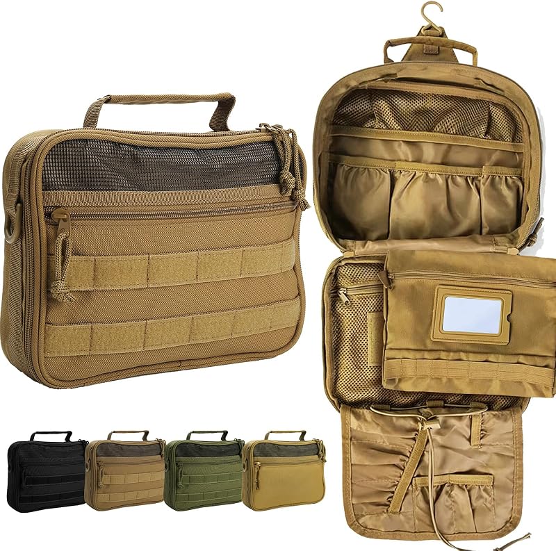 Necessaire suspensa HJOKLS para viagem com compartimentos, gancho e espelho removível — marrom