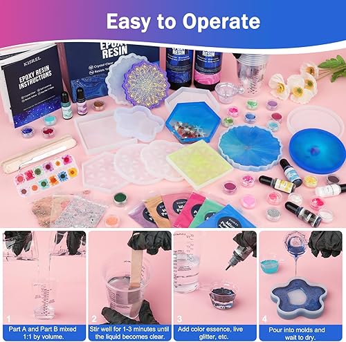 Miniatura 5 de KISREL Kit de resina epoxi para principiantes, kit de resina de 32 onzas con moldes de posavasos, accesorios completos que incluyen pigmento, polvos