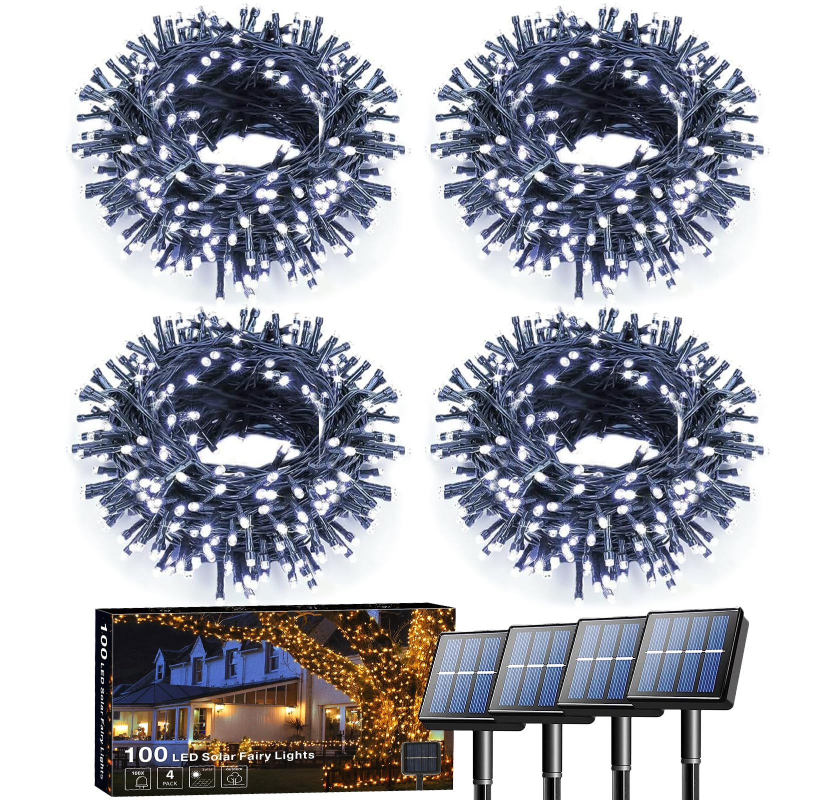 Voolex 4-Pack Solar Christmas String Lights Outdoor - 100LED 33FT Solar Powered LED String Light Waterproof with 8 Modes for Garden, Fence, Holiday, Party, Balcony, Xmas Decorations Cold White