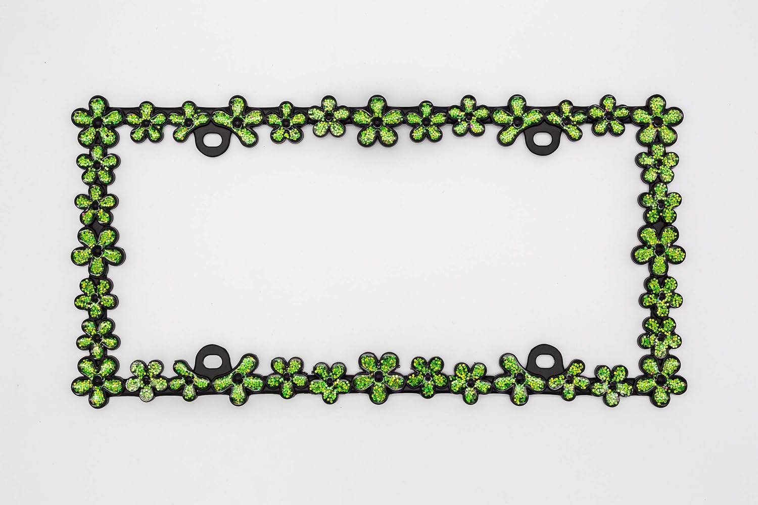 Creathome 3D Shining Daisy Wrenth License Plate Frame from Pure Zinc Alloy Metal Perfect Plate Holder, Matt Black with Green Glitter image 2