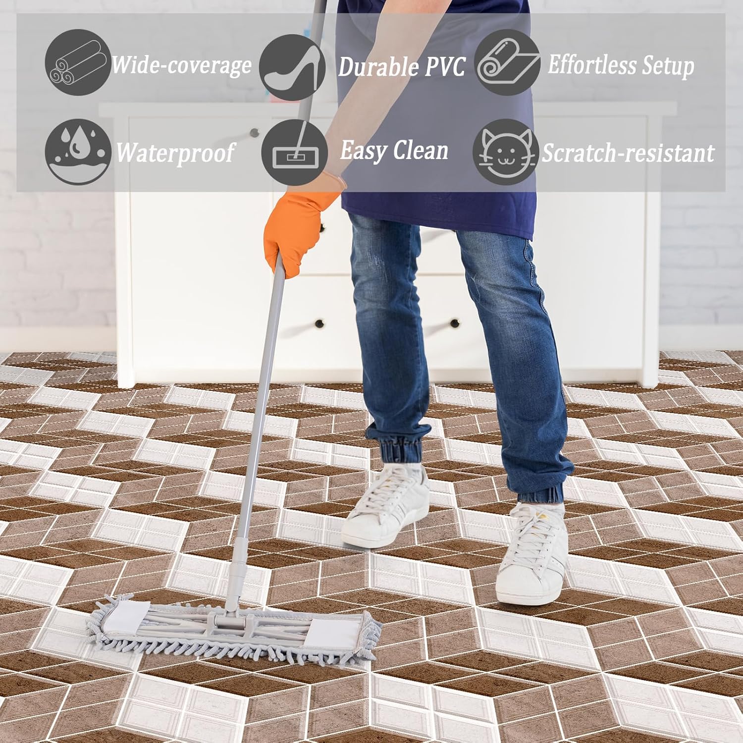 Oxdigi Vinyl Flooring Roll 32 sq.ft | 24"W x 196"L, 3D Geometric Floor Tile Peel and Stick Waterproof for Bathroom, Kitchen, RV, Easy to Install DIY Heavy-Duty Vinyl Floor Covering, Bronze Cube Tile 24"Wx 196"L Bronze Cube Tile