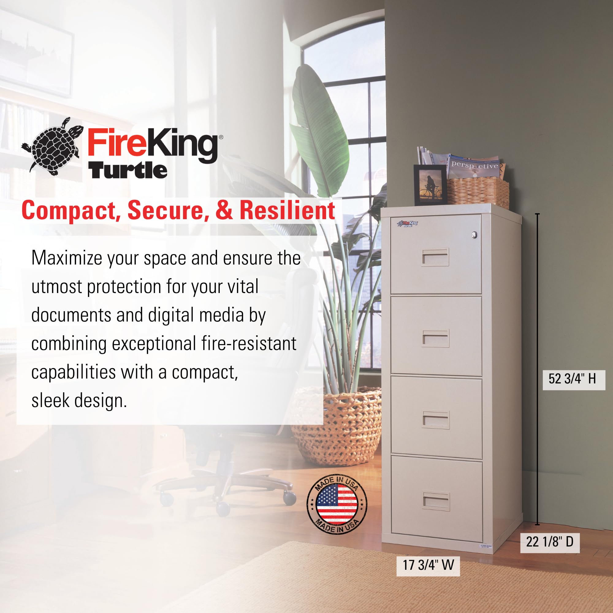 Condition photo showing New/Like New for FireKing Turtle Vertical 4 Drawer Legal and Letter Fire Safe File Cabinet with Key Lock, 1 Hour Fire Rated, UL Rated & Water Resistant Home Safe, Filing Cabinet, Made in The USA, Platinum