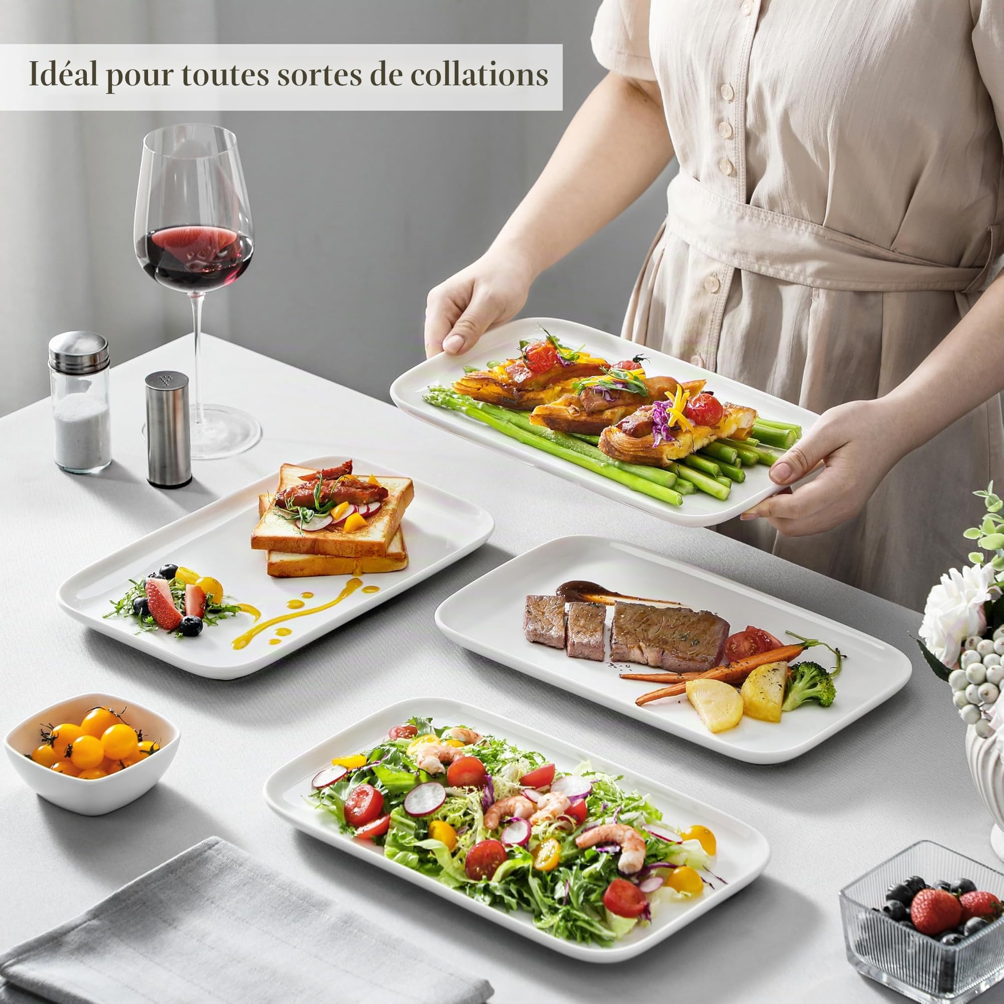MALACASA Assiettes Rectangulaires en Porcelaine, 4 Grandes Assiettes à Dessert Rectangulaire 30.7 x 18.5 cm, Plateau Aperitif Blanches en Céramique pour Repas Dîner Salon Dessert Sushis, Série Plat