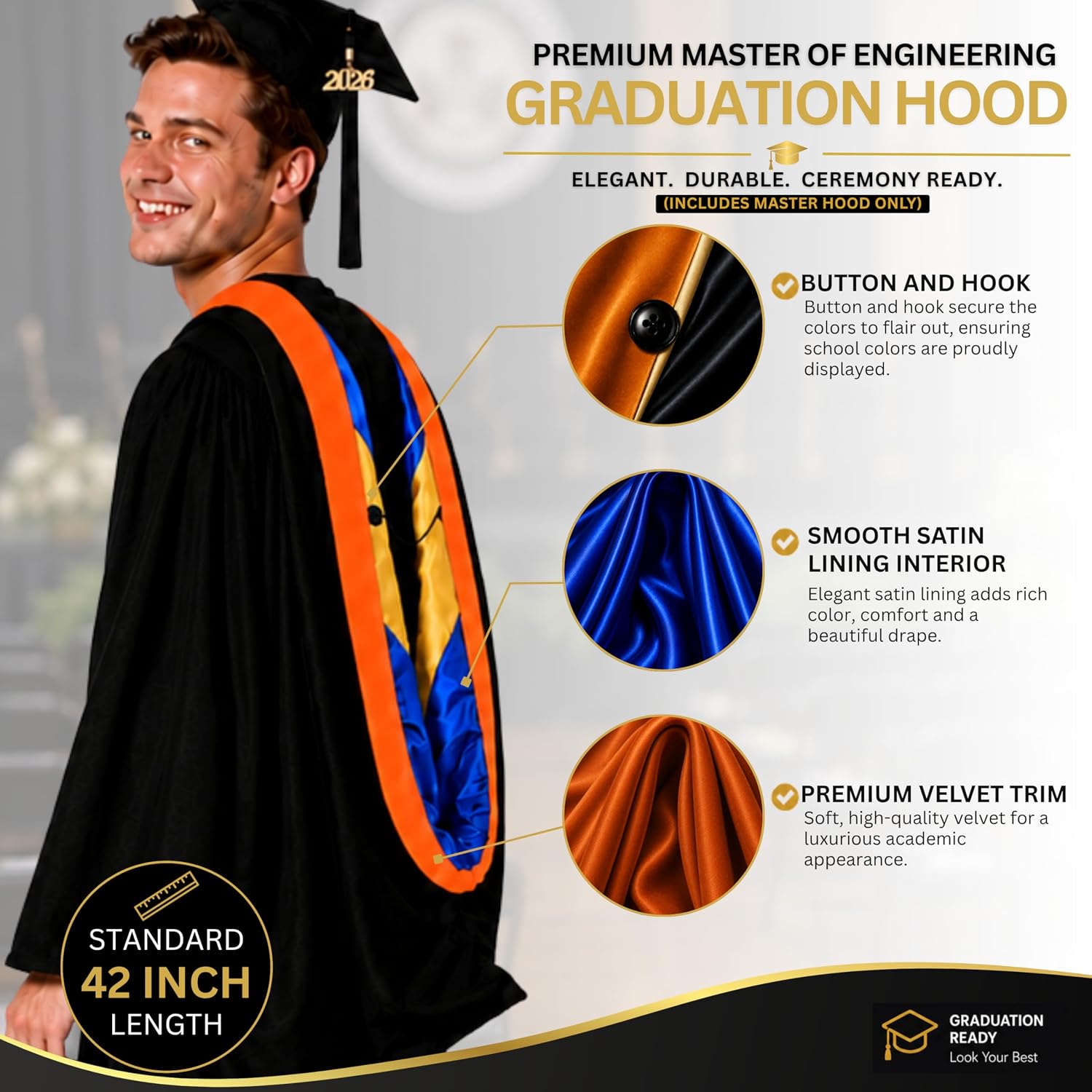 Cappe Diem Master's Graduation Hood ORANGE: Master of Engineering (Various College Colors)