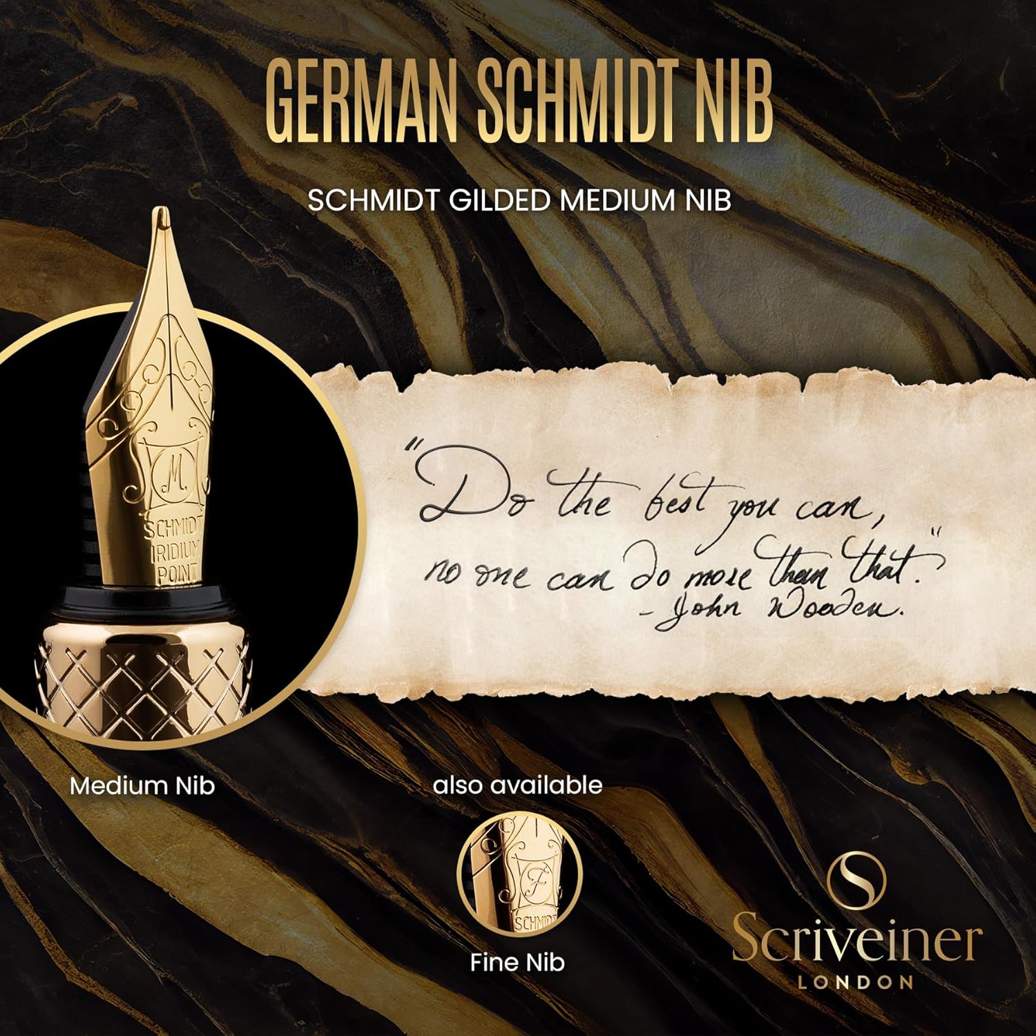 Scriveiner Gold Luxury Fountain Pen (Medium) - Award Winning - Heavy Pocket Stunning Luxury Pen, Real Gold Plating, German Nib & Converter, Nice Gift Pens for Men & Women