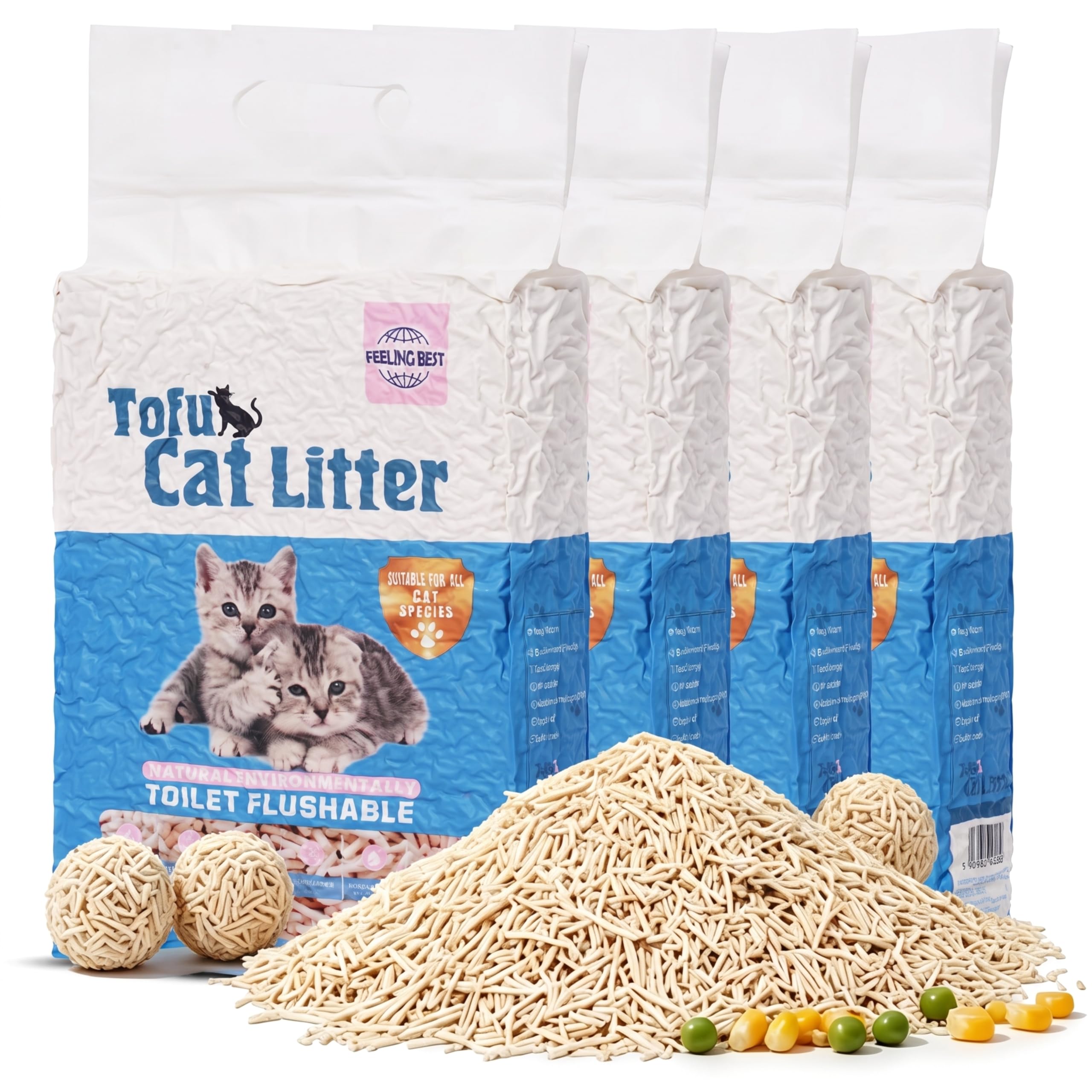 Arena para gatos de tofu de 10.2 kg (2.5 kg x 4 bolsas) aglutinación rápida, sin polvo, materias primas 100% naturales, aglomerante, desechable, ultra absorbente y de secado rápido