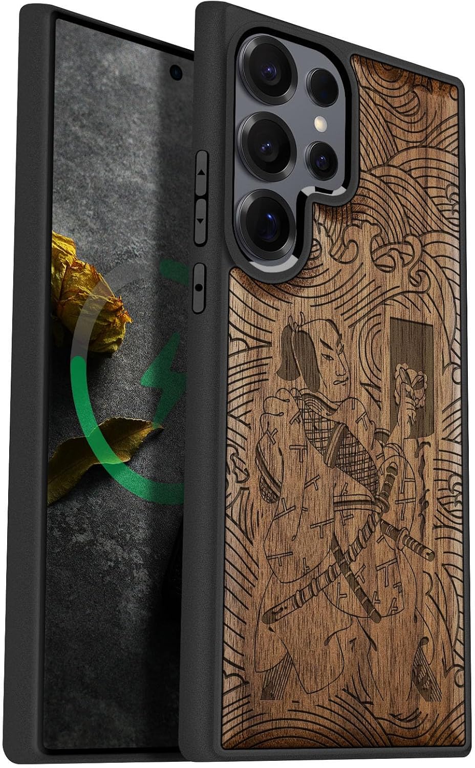 Carveit Magnetic Wooden Case for Samsung Galaxy S25 Ultra Case 2025, TPU Shockproof Cover & Wood Artisan Engraved, Compatible with MagSafe Wireless Chargers (Japanese Element) Rosy