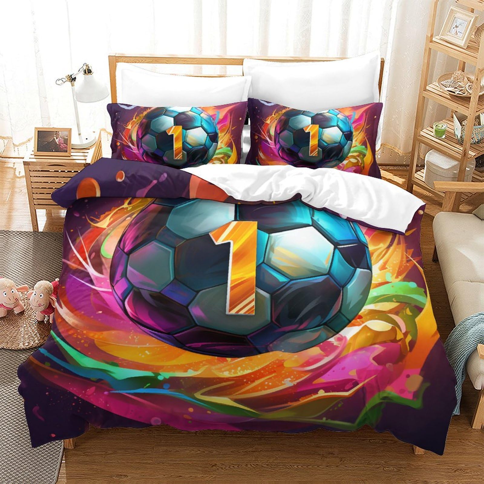 Parure de lit football 220x240cm avec housse de couette microfibre et taies d'oreiller