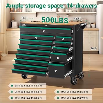 14-Drawers Rolling Tool Chest with Wood Workbench,Brake Casters,Lock & Key,Heavy-Duty Steel Tool Cabinet Storage, for Home,Garbge or Workshop Use