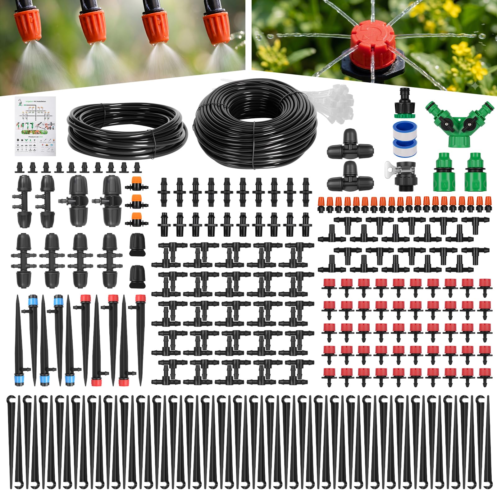 314 Pzs Sistema de Riego Jardín, con Tubería de Riegos de 60M + 15M | Kit de Ajustable Riego por Goteo Automático, Sistemas Riegos Automáticos para Jardin Invernadero Césped Patio Terraza