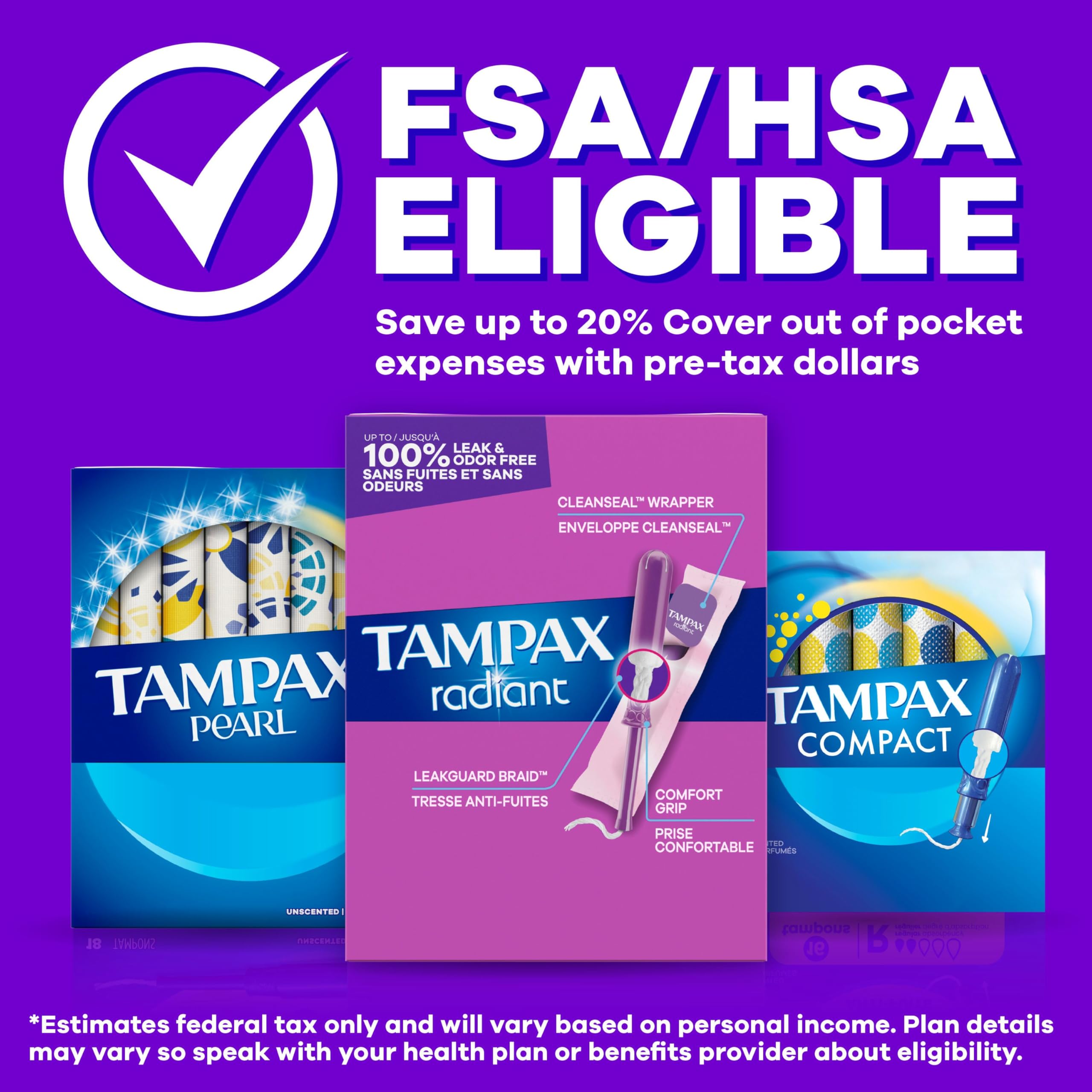 Tampax Radiant Tampons, with LeakGuard Braid, Super Plus Absorbency, Unscented, 28 Count