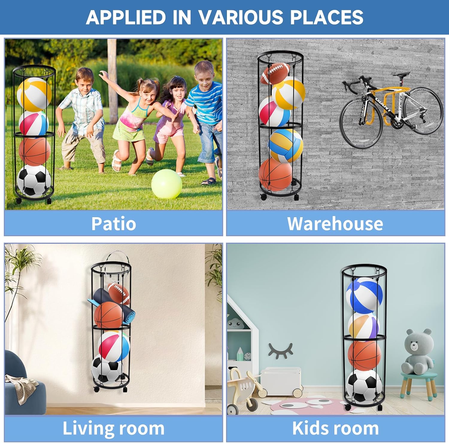 Qivine Garage Basketball Holders for Balls, Rolling Sports Equipment Organizer with Wheels, 40*13.2'' Vertical Soccer Sports Ball Storage Space-Saving, Ball Holder Wall Mount for Football Volleyball