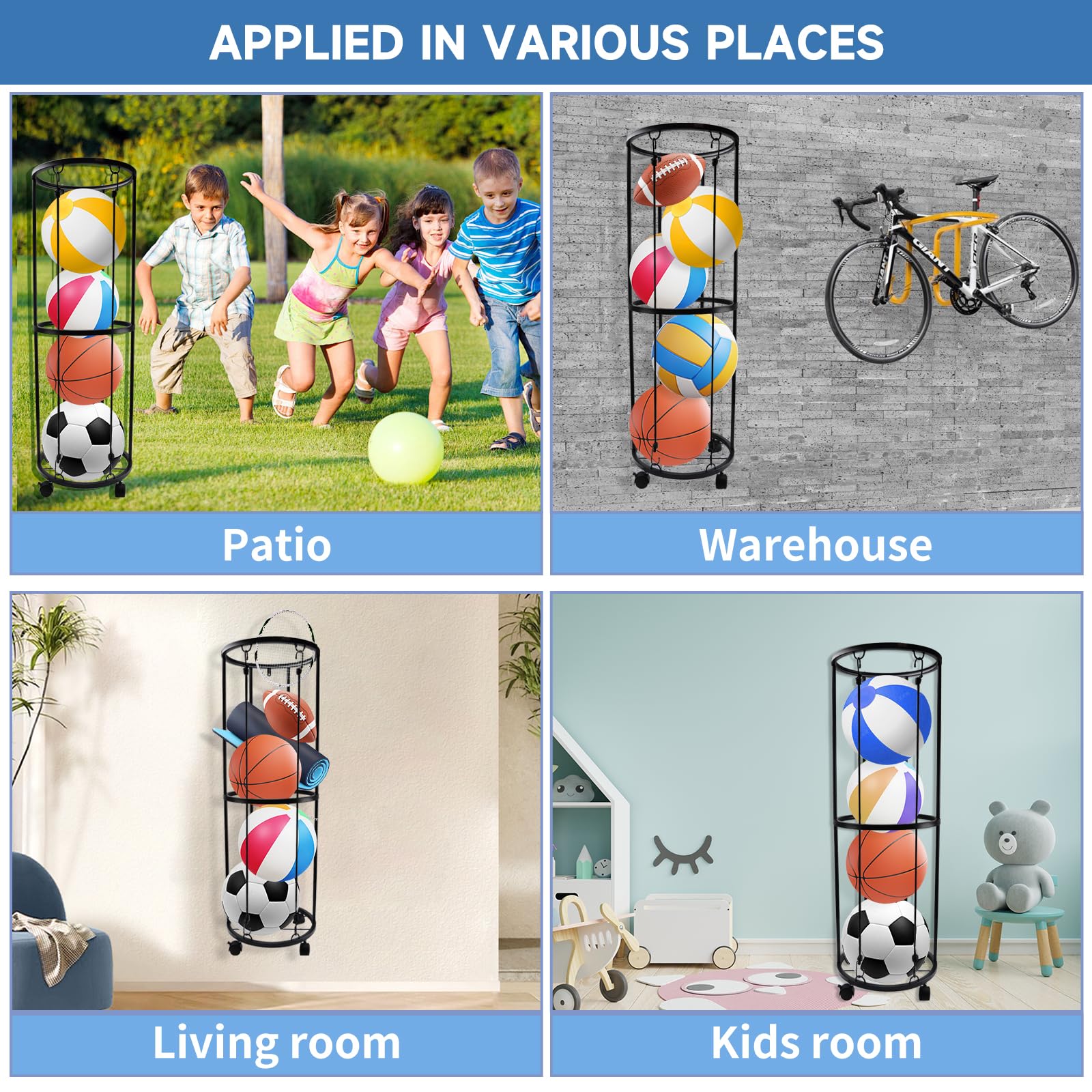 Verticale Support Ballon Basket, Organiseur d'Équipement de Sport, Support Ballon Foot, Rangement Ballon en Métal, Rangement pour Basketball, Football, Volleyball, 33.5 x 33.5 x 102 cm