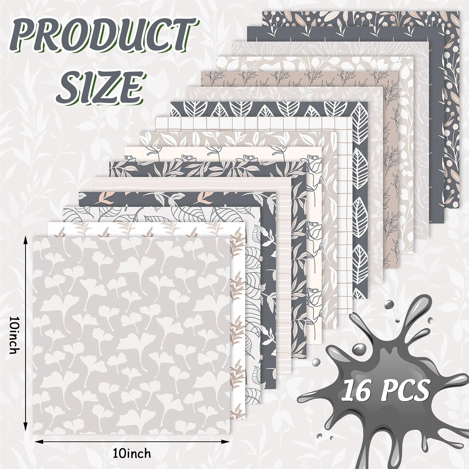 JarThenaAMCS 32 Pcs Neutral Floral Cotton Fabric Bundles 10 x 10 Inch Gray Botanical Fabric Squares Flower Leaves Sewing Fabrics for DIY Craft Party Decor image 2