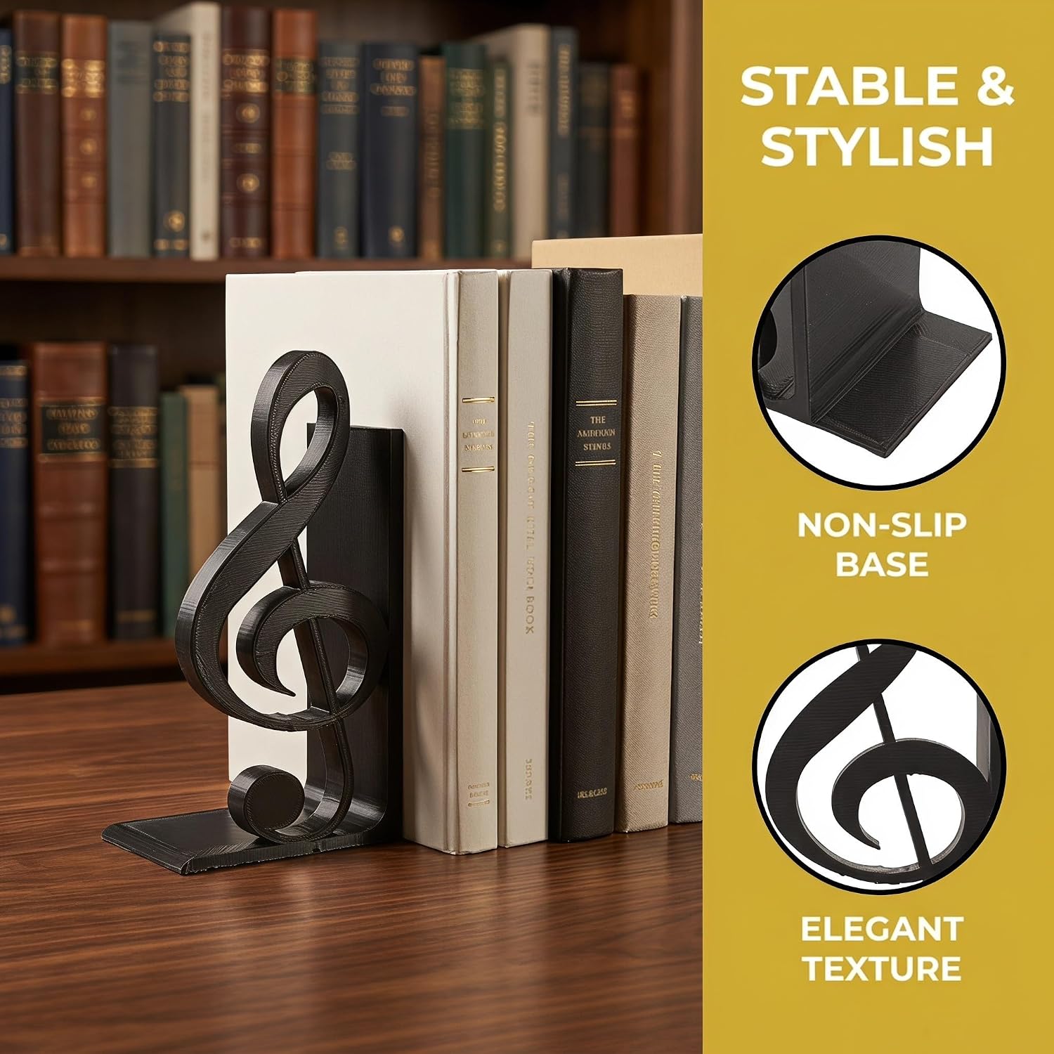 2pcs Musical Note Bookends for Study Room, Black Pla Non Slip Support image 3