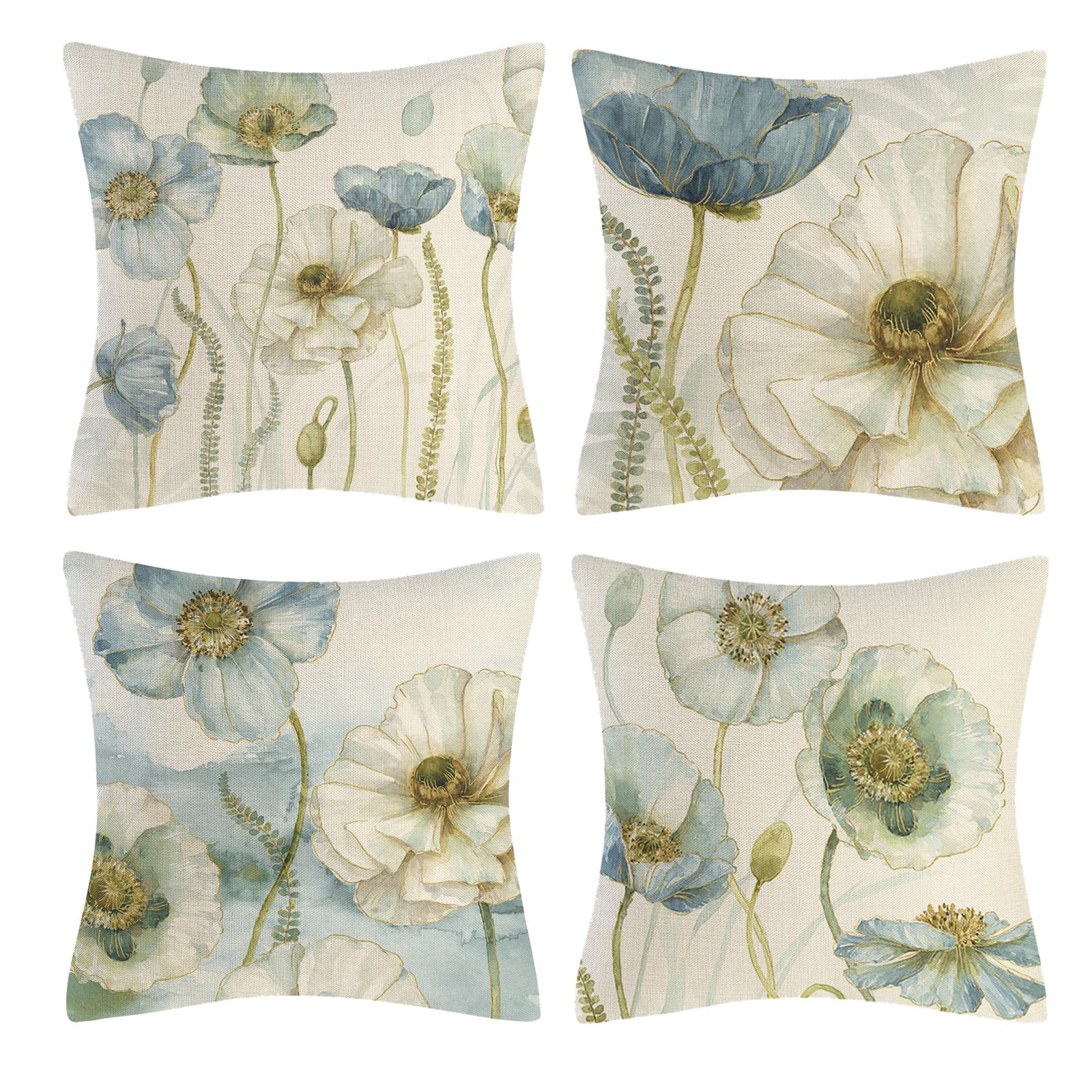 Fiori Azzurri Beige Federe Cuscini Quadrati 50x50 Primaverili Floreali Fodere Cuscini Lino Federa Cuscino da Esterno Set 4 Copricuscini per Divano Arredo Camera Letto Salotto