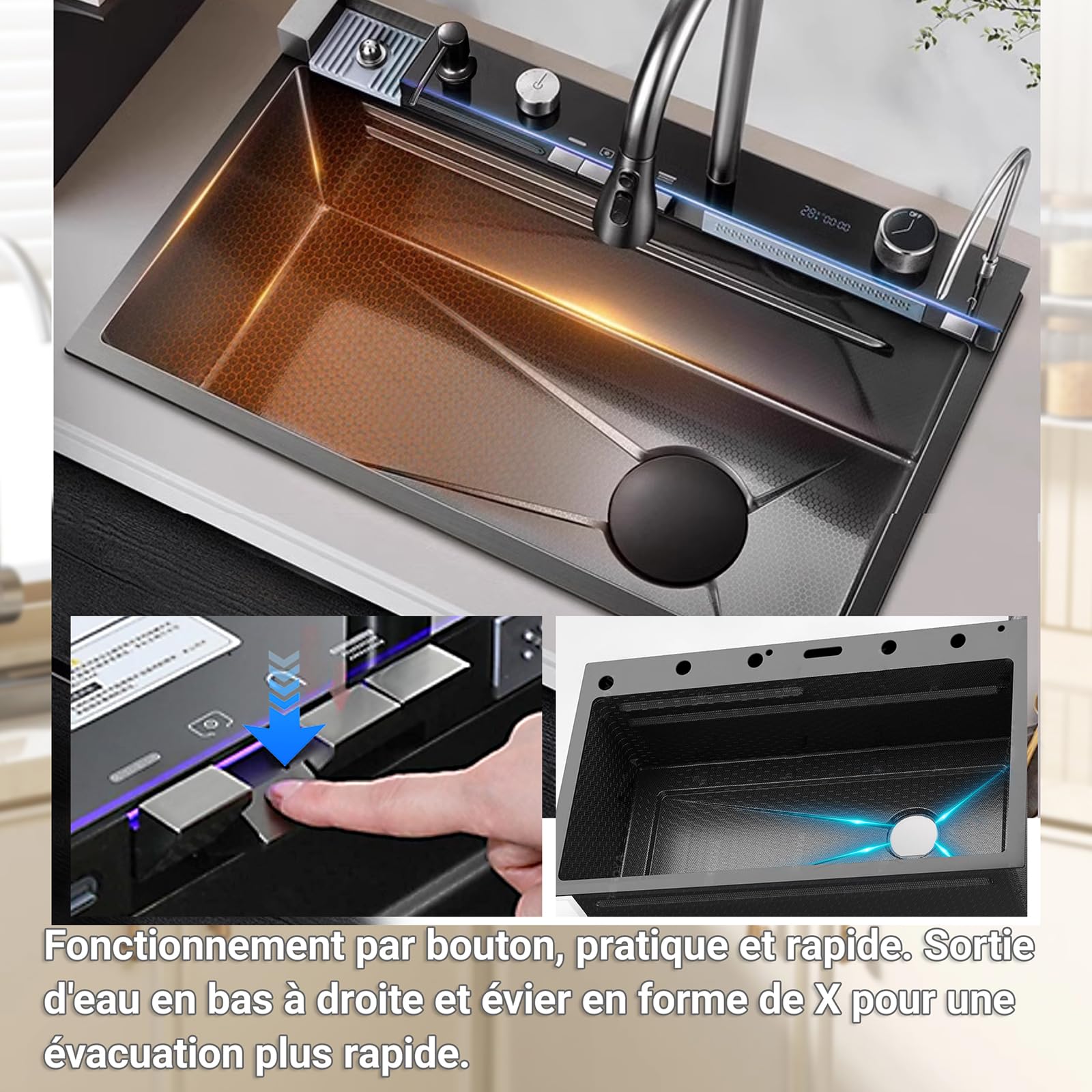 Noir Évier de cuisine 1 baignoire multifonction en acier inoxydable, évier en cascade, avec drainage, planche à découper, lavages, distributeur de savon