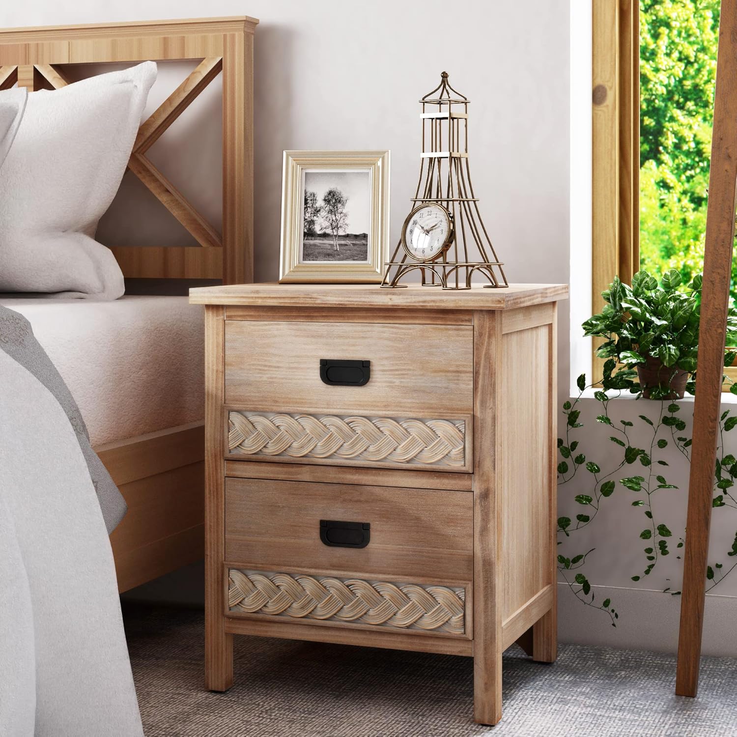 COZAYH Fully Assembled Farmhouse Woven Motif Nightstand, 2Drawer Rustic Wood