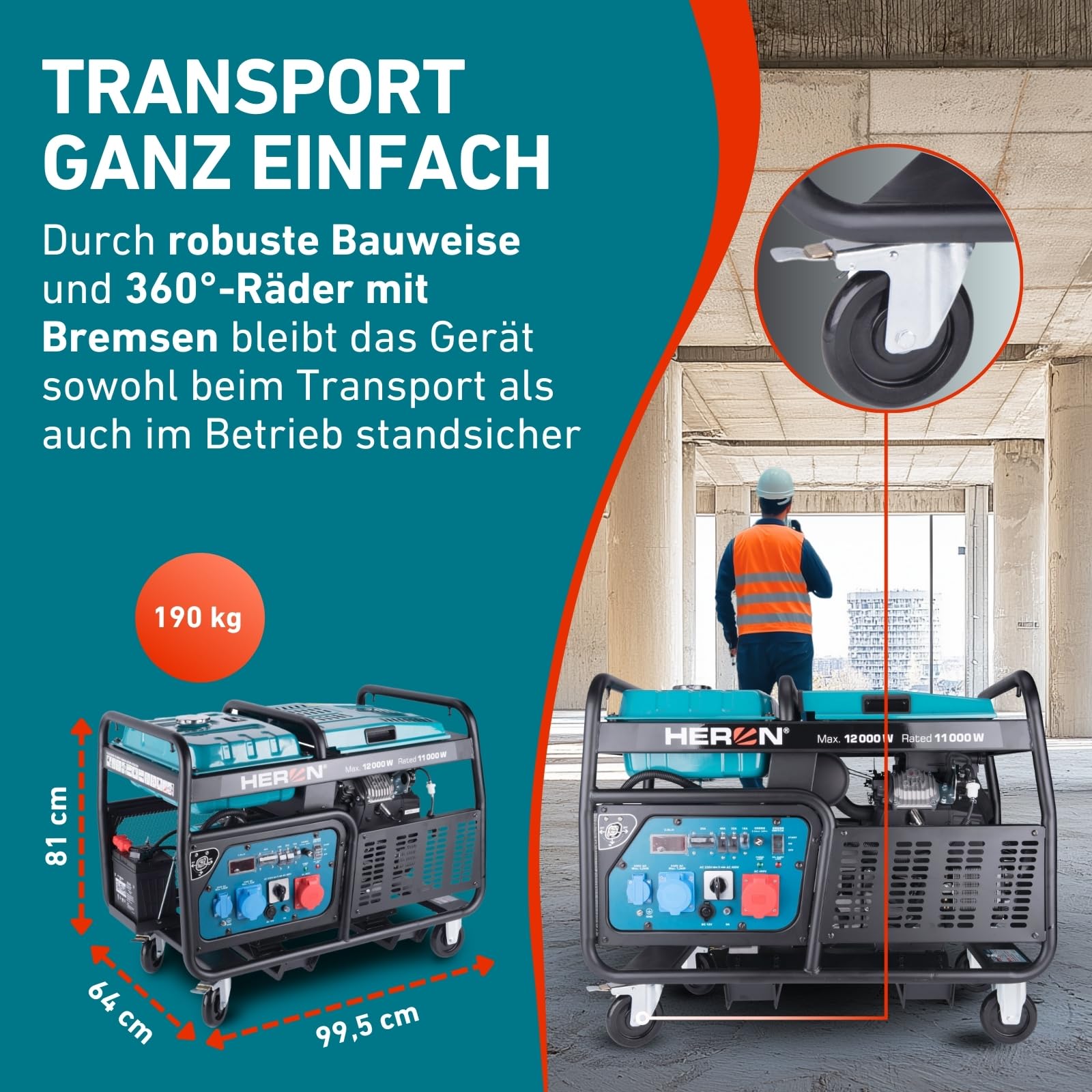 Heron Stromgenerator Benzin 23,5PS I 12 kW / 15kVa (400V) & 12kW (230V) I Stromerzeuger mit 30L Tank, Fahrgestell & Elektrostarter I mobiles Stromaggregat mit AVR-System