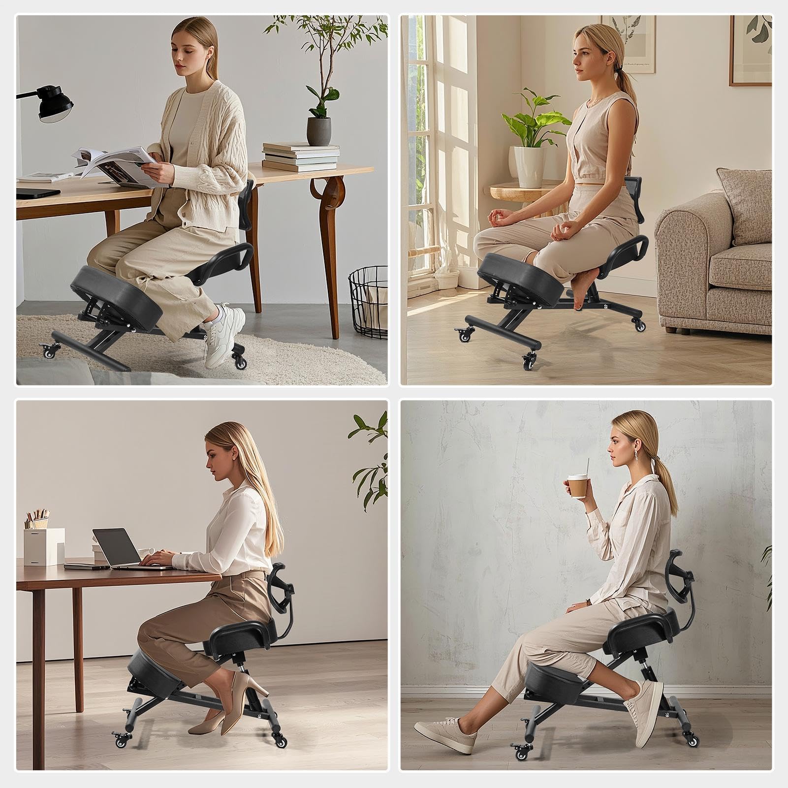 Genérico Silla ergonómica de Rodillas con Respaldo, Taburete Ajustable | para el hogar y la Oficina con Asiento Inclinado para una Mejor Postura, Cojines Gruesos y cómodos