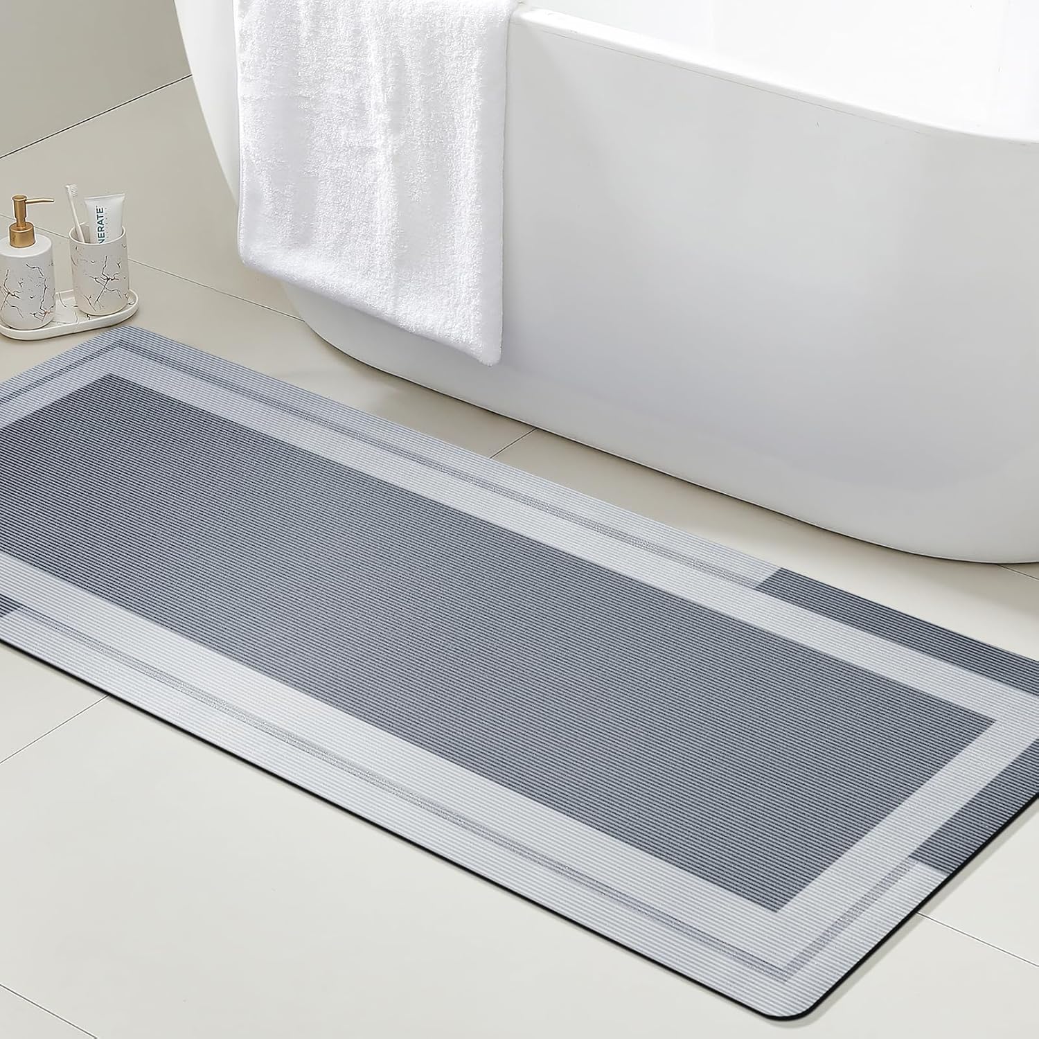 ACCUMTEK Ultra Thin Bath Mats Fit Under Door, Upgrade Backing Non Slip Bath Mat, Quick Dry Ultra Absorbent Bath Mat, Machine Washable Bathroom Rugs for Bathroom Floor, Bathtub, Kitchen, Grey, 48″x20″