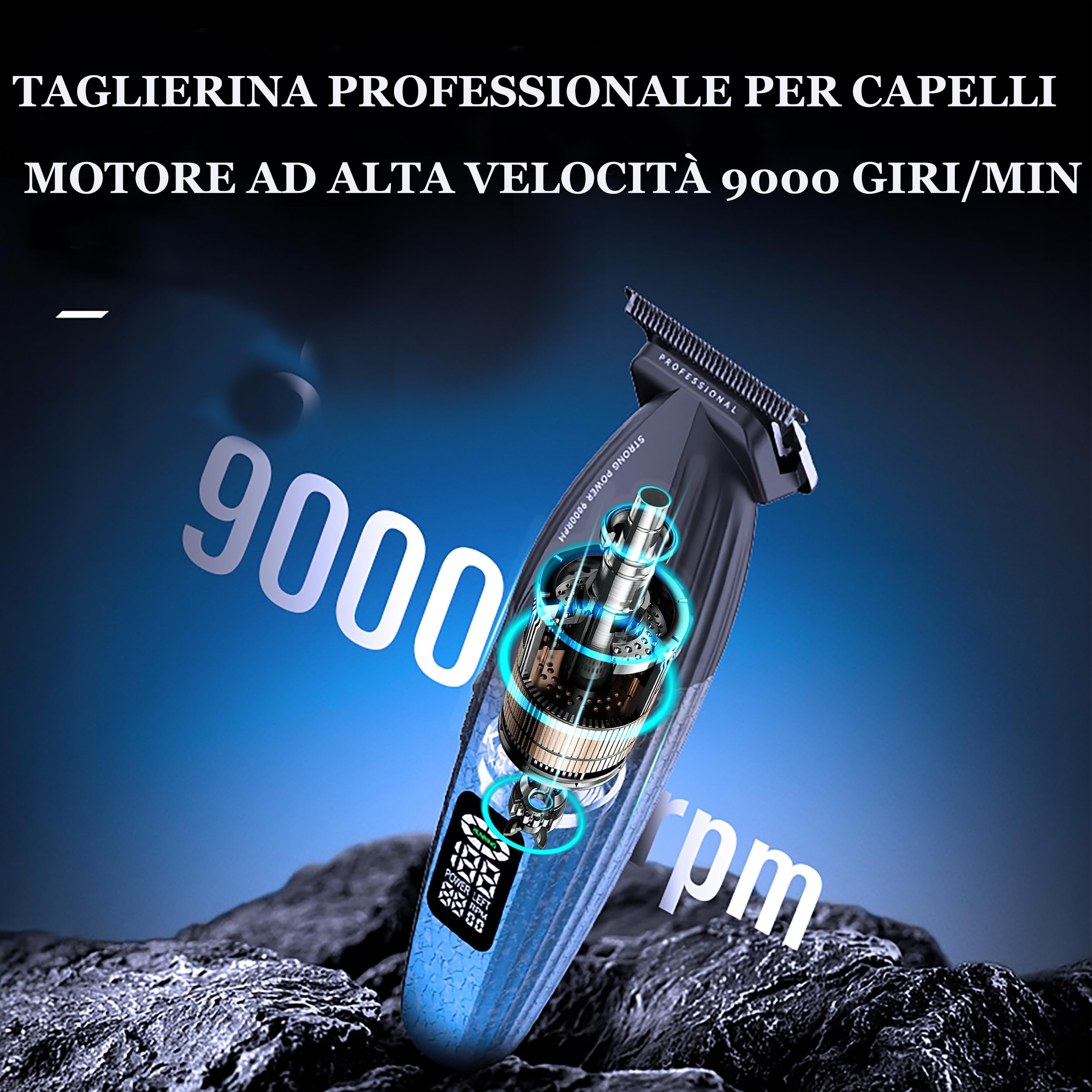 KEMEI 1669 - Regolabarba da uomo, senza fili, con display a LED, 9000 giri/min, per barbiere con base di ricarica, lama a T rivestita in DLC
