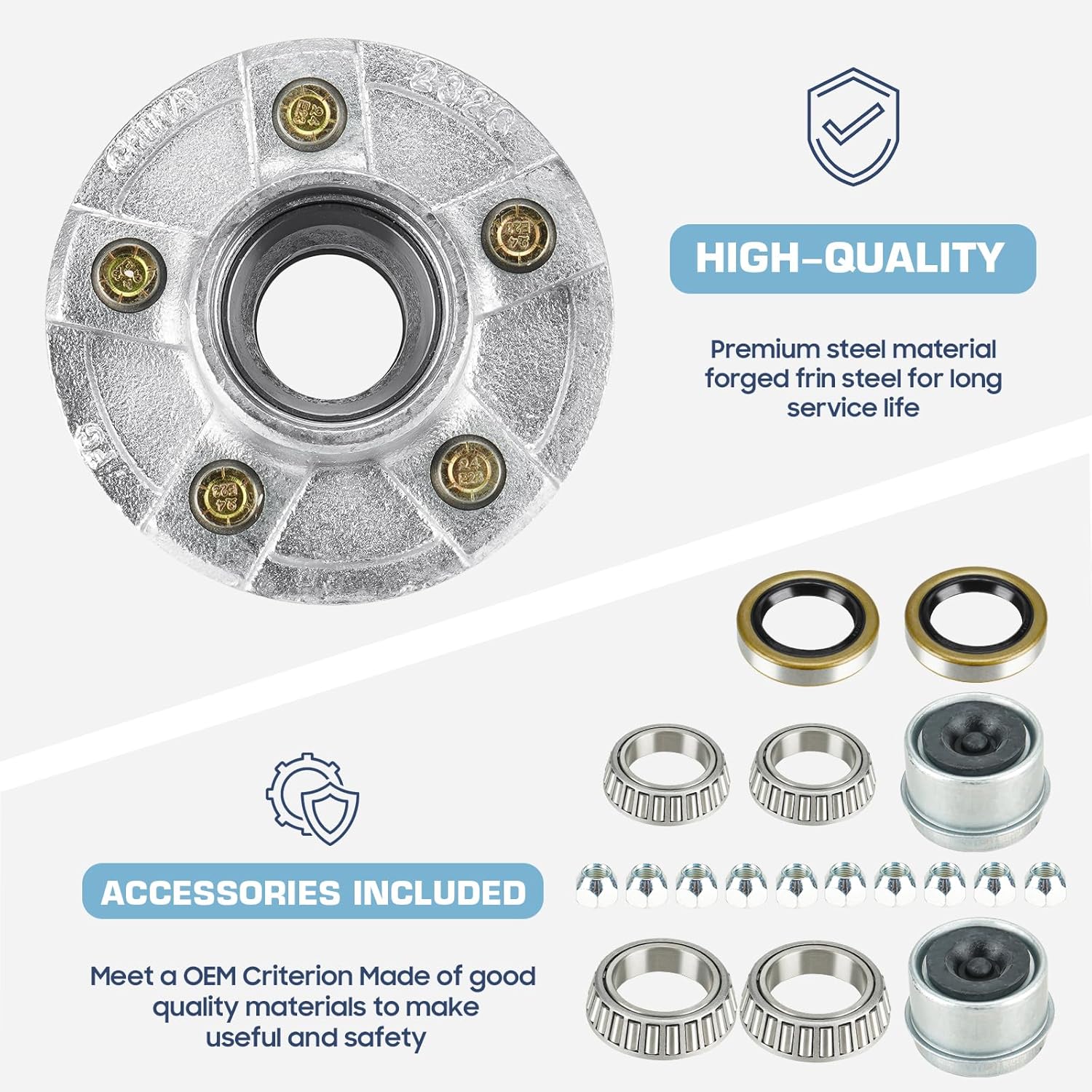 SEHNSUCHT Trailer Wheel Idler Hub Kit, 5-Hole, 4.5" Bolt Idler Hub for 3500lb Trailer Axles, Fit 1-1/16" to 1-3/8" Tapered Shaft, Trailer Wheel Hub(Set-2 Hot Dip Galvanized, Not Fit Straight Shaft)