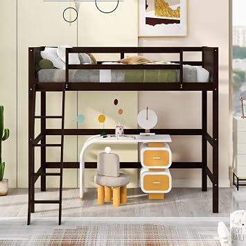 Majnesvon Twin Size Solid Wood Loft Bed with Ladder&Safety Guardrail,Space-Saving Design&Built in Solid Slat Support for Boys/Girls/Teens Bedroom,No Spring Box Needed Espresso