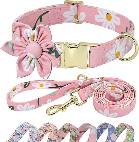 Miniatura 10 de Beirui Lindo juego de collar y correa para perras hembras, collar floral de perro con flor para perros pequeños, medianos y grandes, cachorro, S