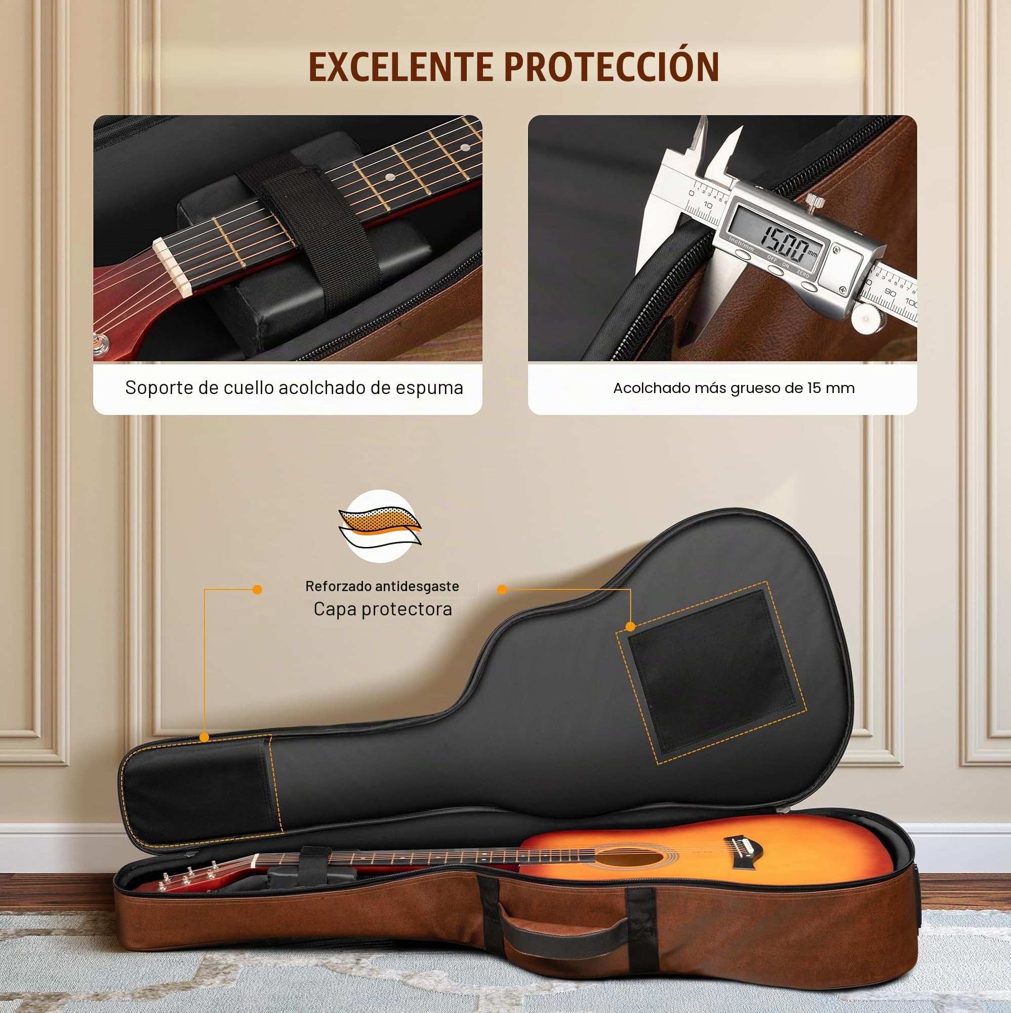CAHAYA Bolsa para Guitarra Acústica - Adecuada para 40 41 42 Pulgadas Material de PU Impermeable y Transpirable Correa de Bolsa Marrón Acolchada de 15 Mm de Grosor Cremallera Doble