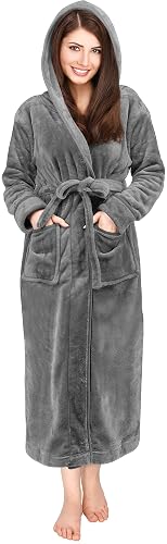 NY Threads Womens Fleece Hooded Bathrobe Plush Long Spa Robe - Large (Pack of 1) - Steel Grey