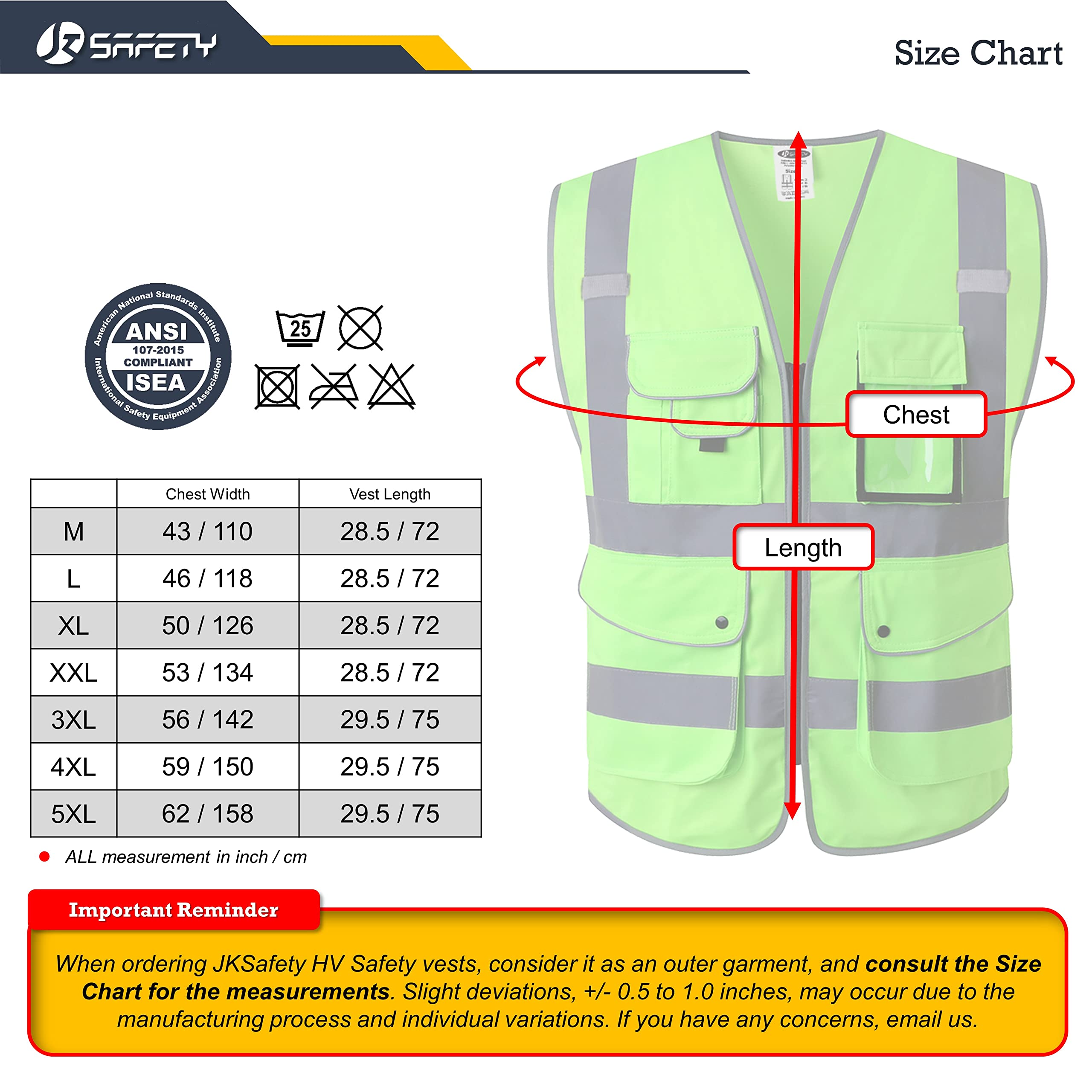 JKSafety Klasse 2 Sicherheitsweste mit 9 Taschen, hohe Sichtbarkeit mit Frontreißverschluss und reflektierenden Streifen, entspricht ANSI/ISEA Standard.