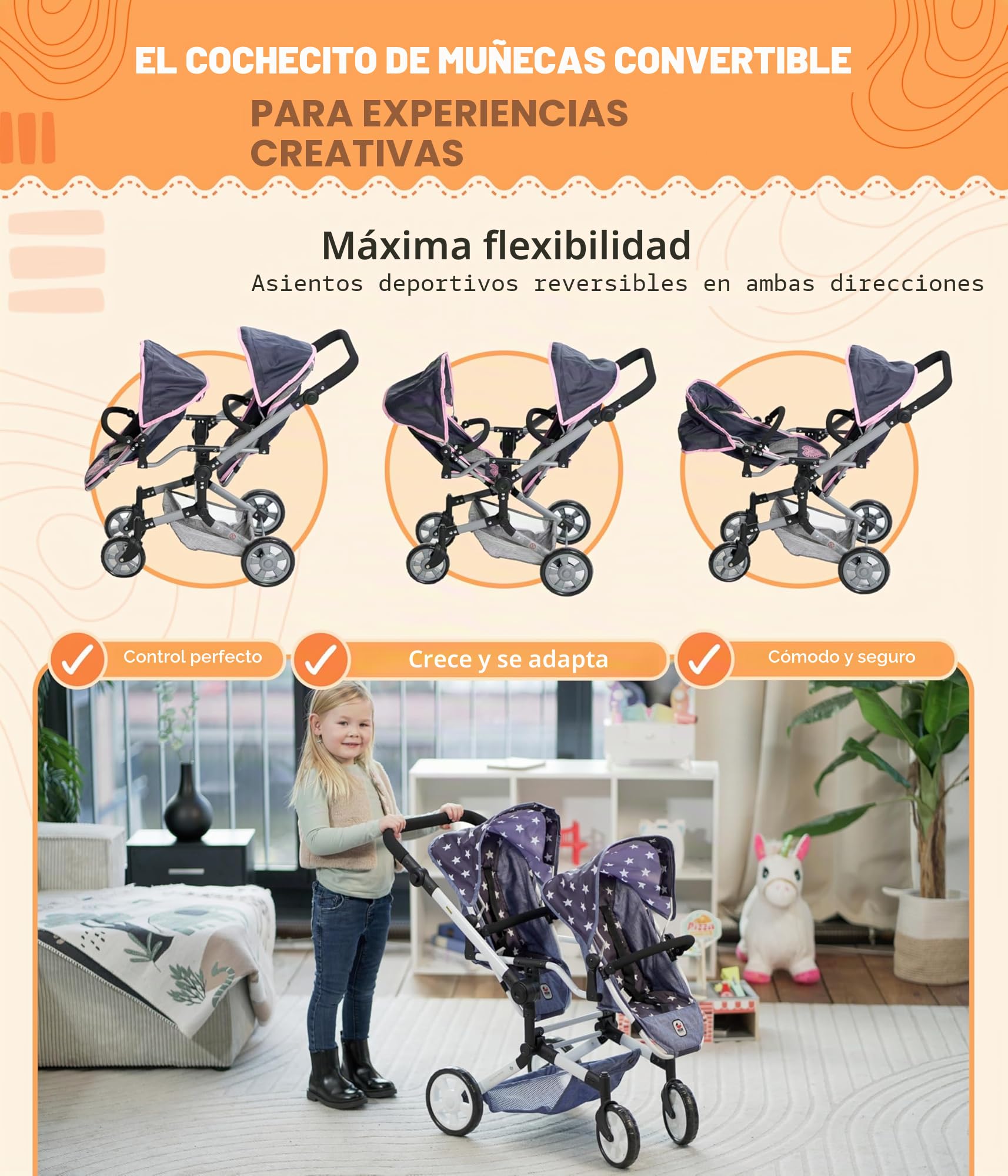 Bayer Chic 2000 - Cochecito para muñecas Linus Duo para niños de 4 a 8 años, Color Rosa Vaquero, 690-62
