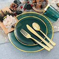 Vista 2 de LIYH - 180 platos navideños de plástico transparente y verde dorado, juego de vajilla de plástico desechable verde esmeralda, incluye platos