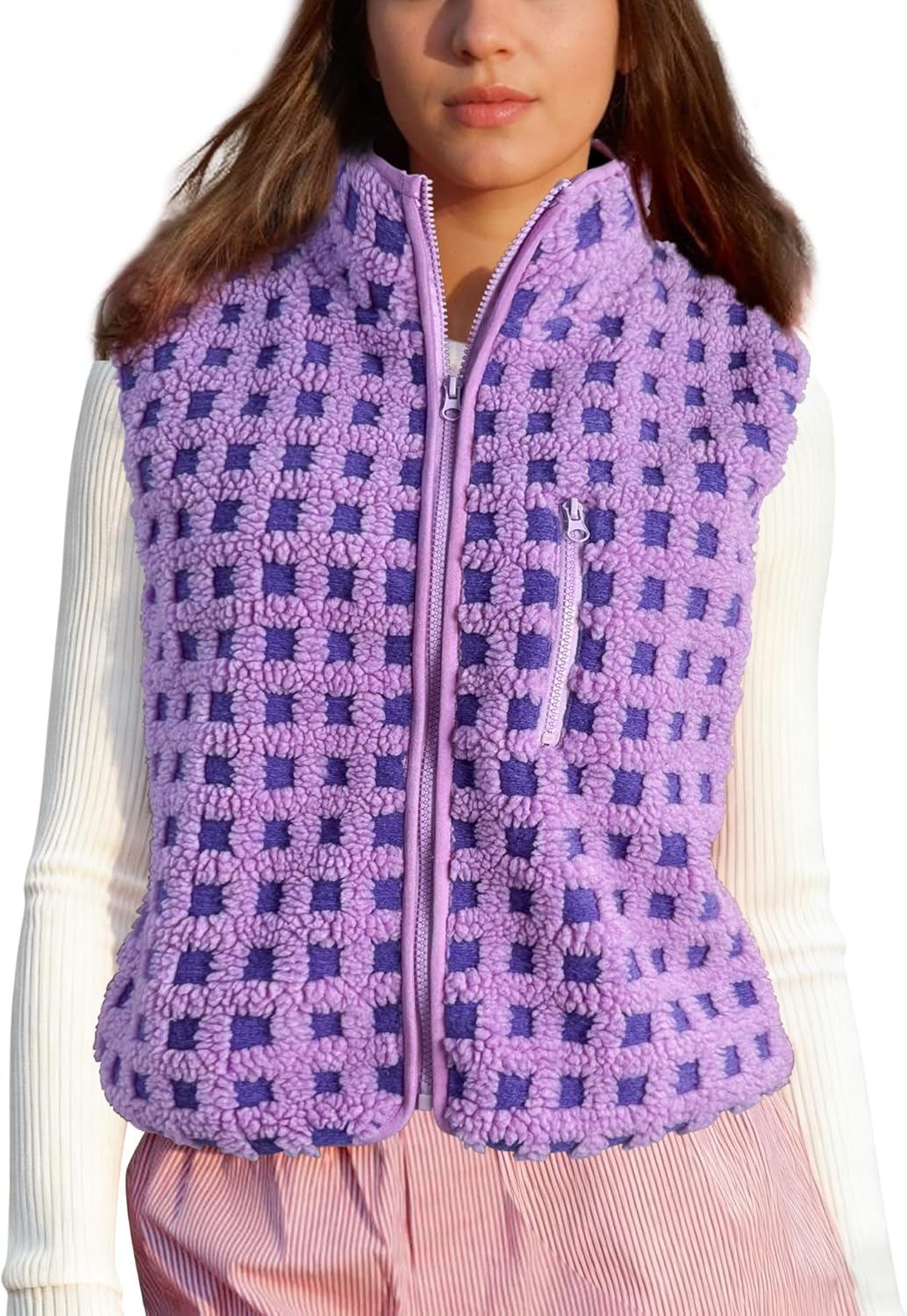 Womens Checkered Sherpa Vest Sleeveless Winter Fleece Jacket High Neck Zip Up Plaid Gilet with Chest Pocket